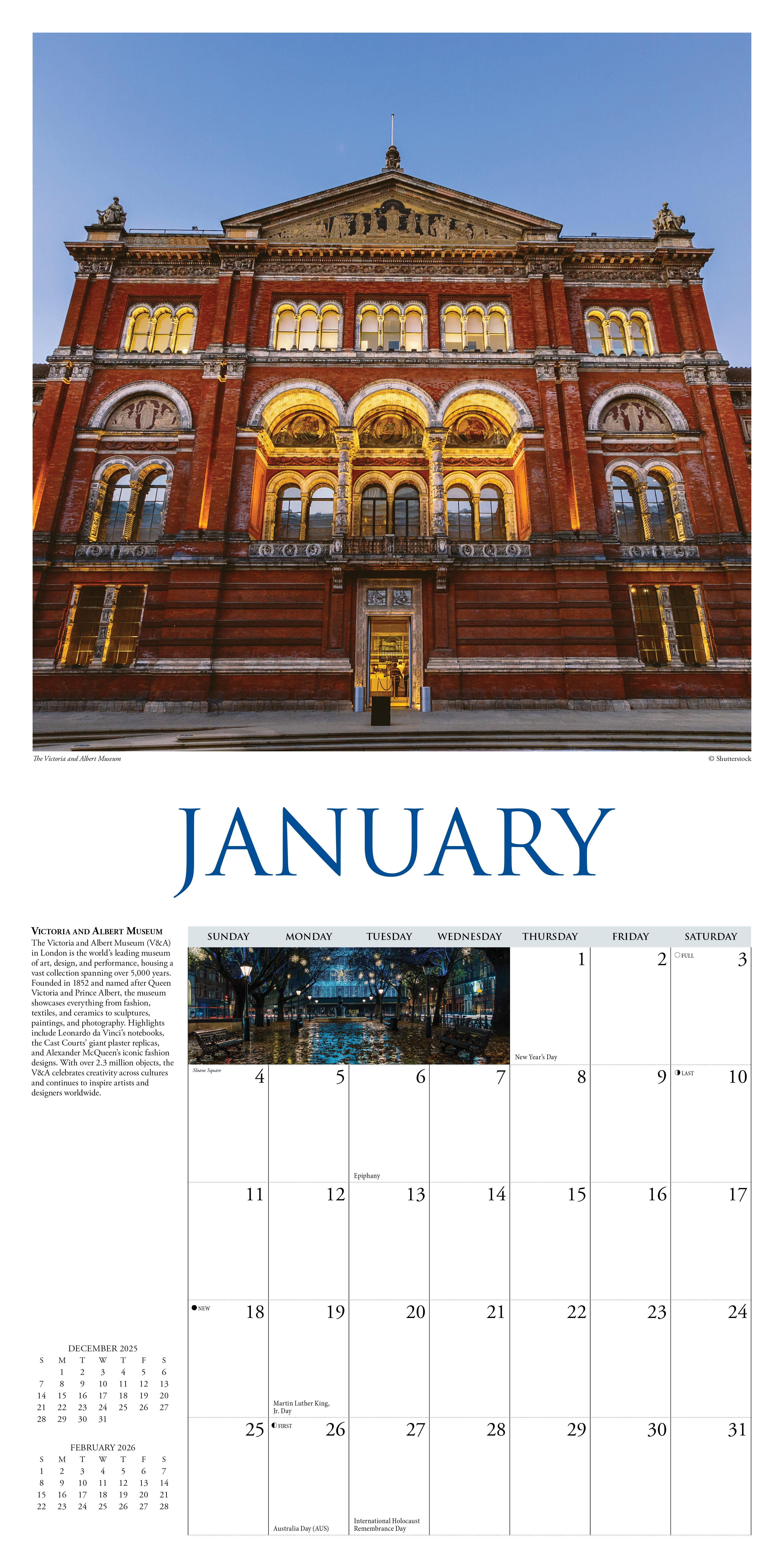 2026 Wall Calendar with large monthly date boxes, decorative images, and holidays, perfect for office or home organization and yearly planning