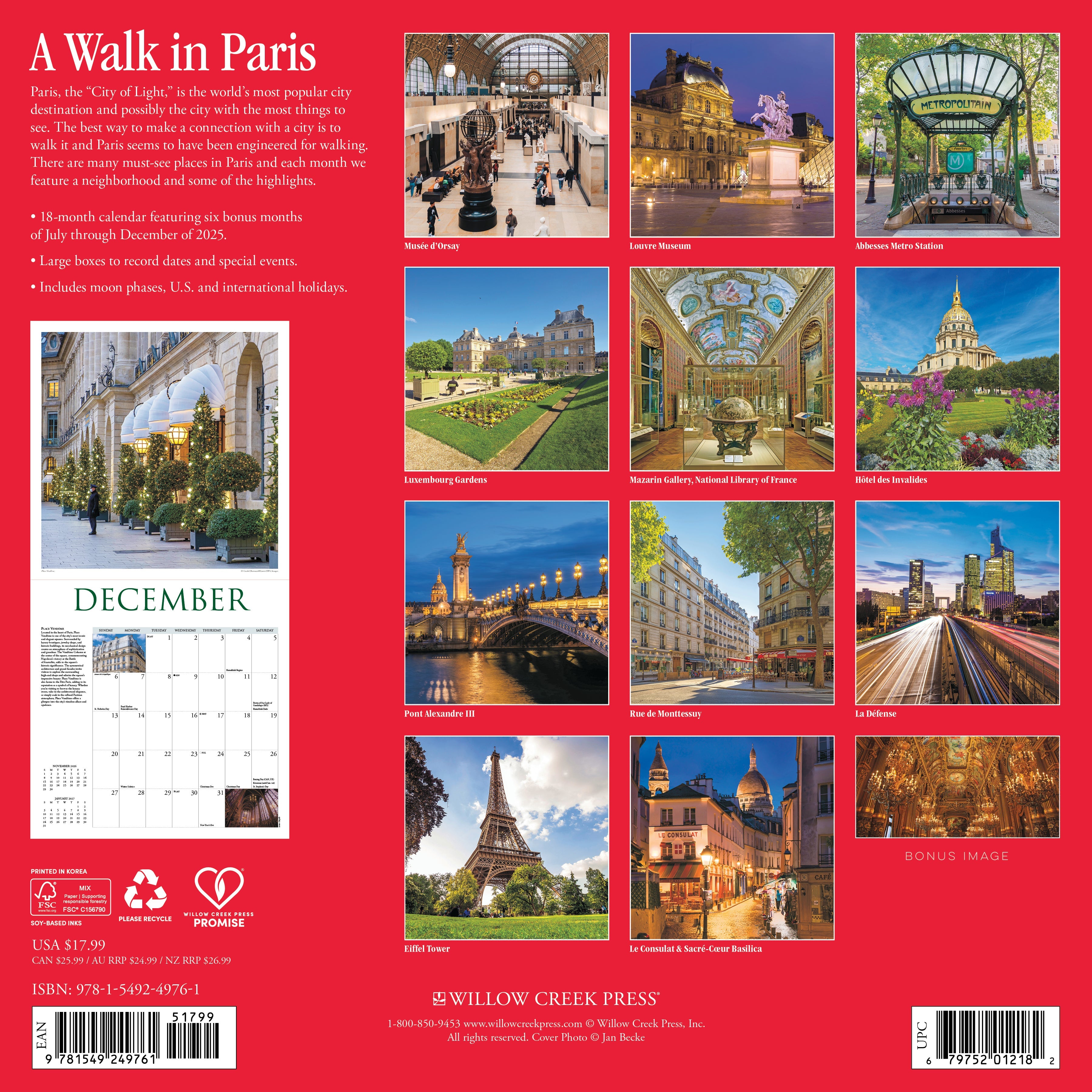 Travel-inspired 2026 Wall Calendar – A Walk in Paris edition with iconic landmarks