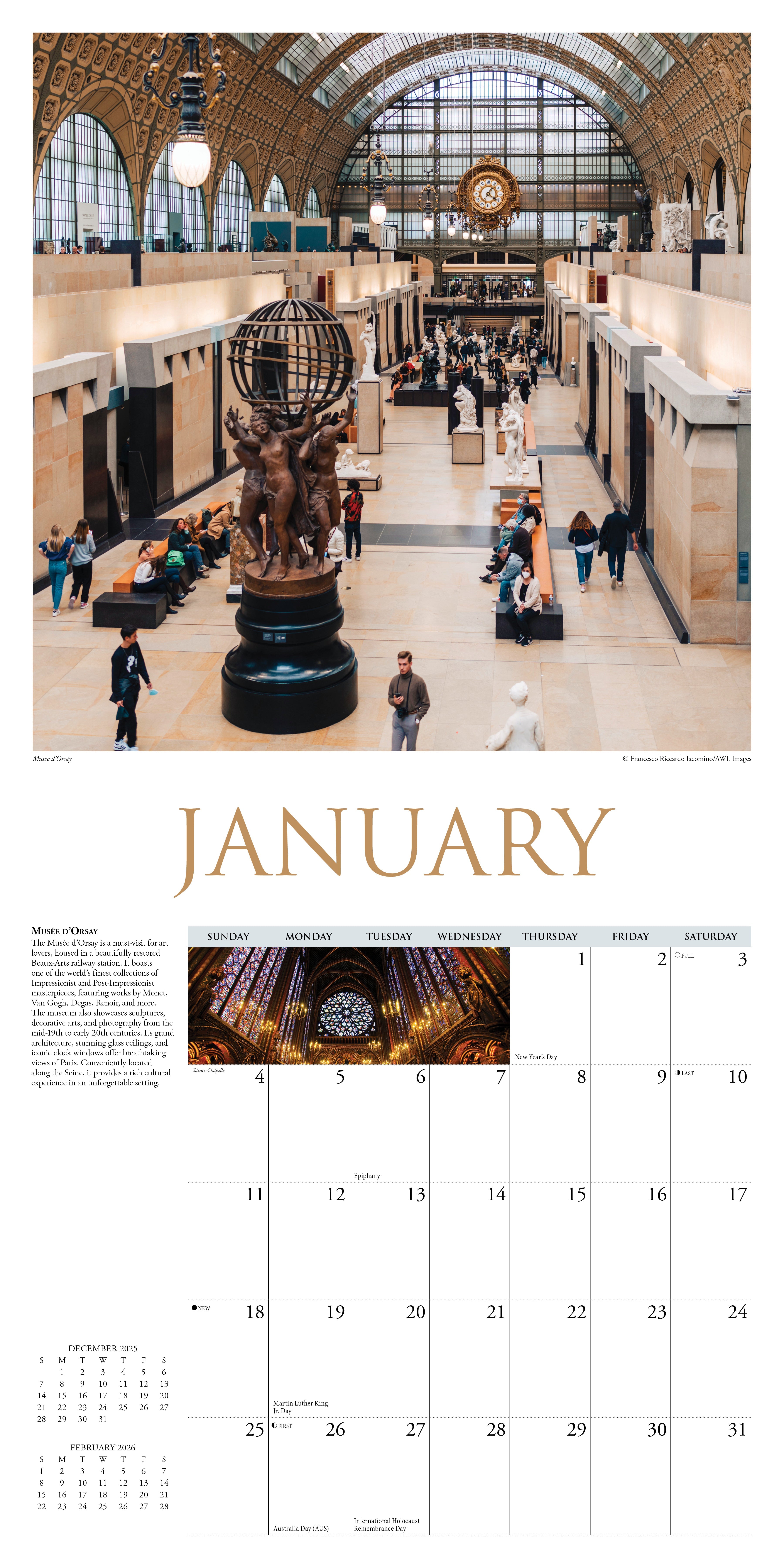 2026 Wall Calendar with large monthly date boxes, decorative images, and holidays, perfect for office or home organization and yearly planning