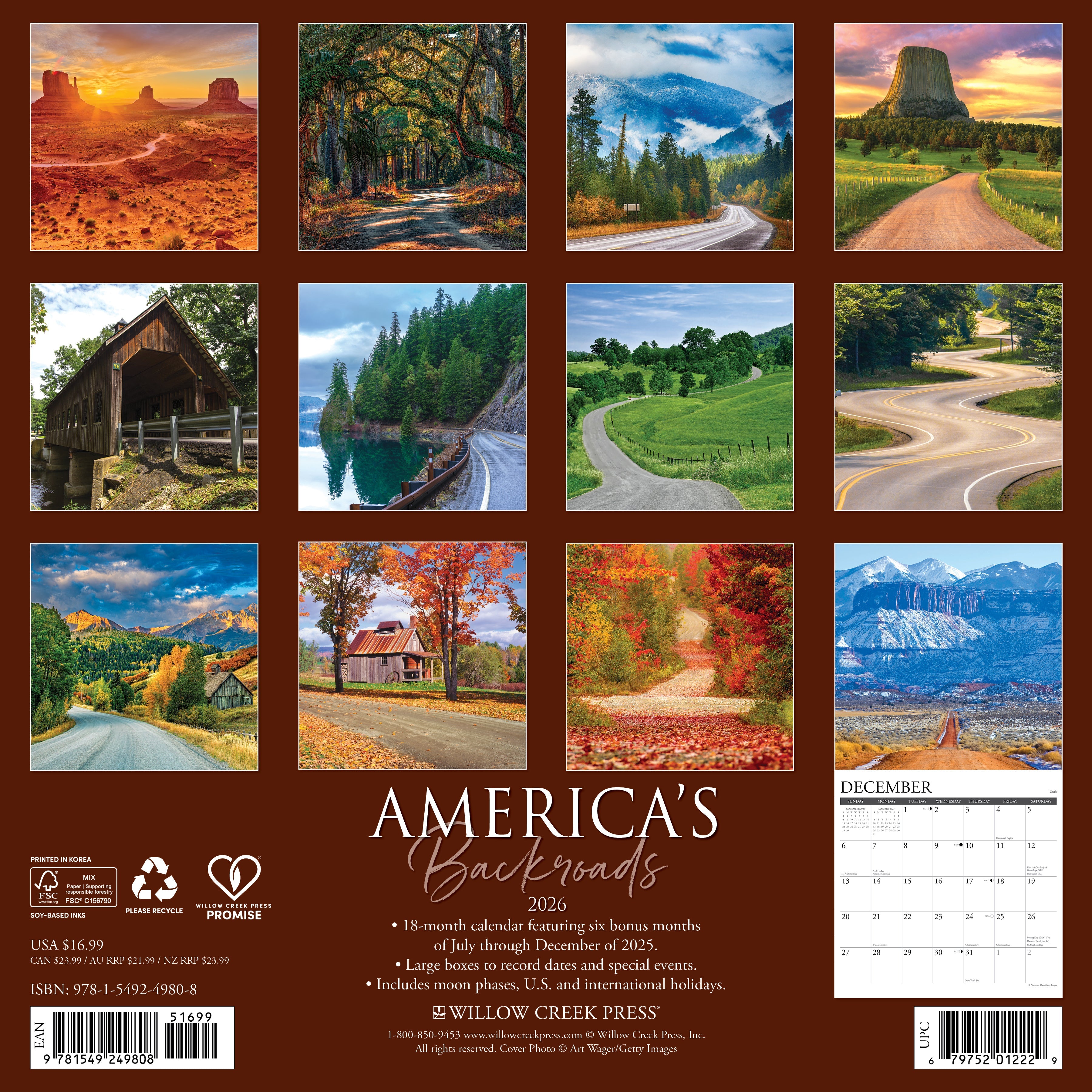 Travel-inspired 2026 Wall Calendar – America's Backroads edition with iconic landscapes