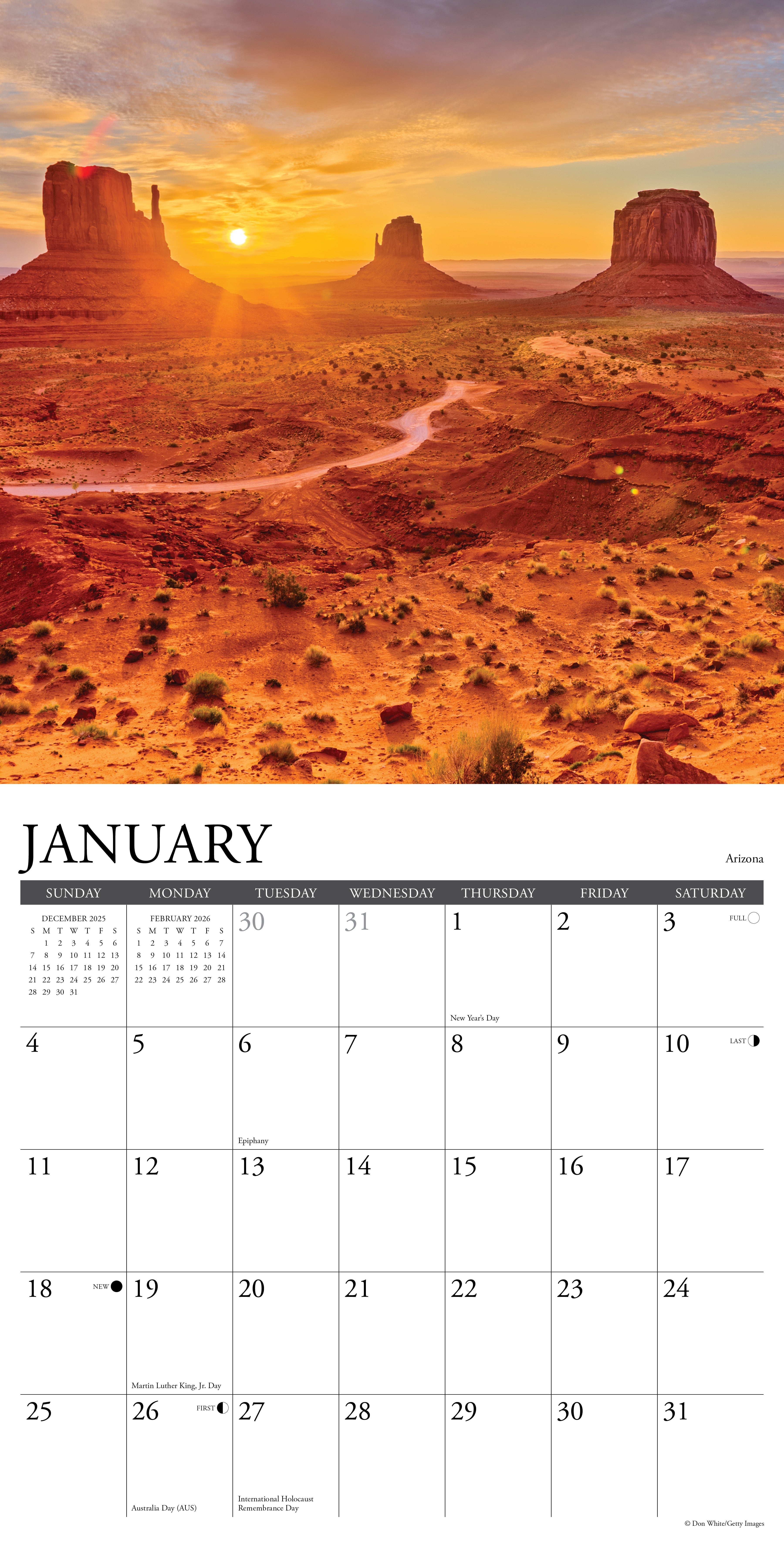 2026 Wall Calendar with large monthly date boxes, decorative images, and holidays, perfect for office or home organization and yearly planning