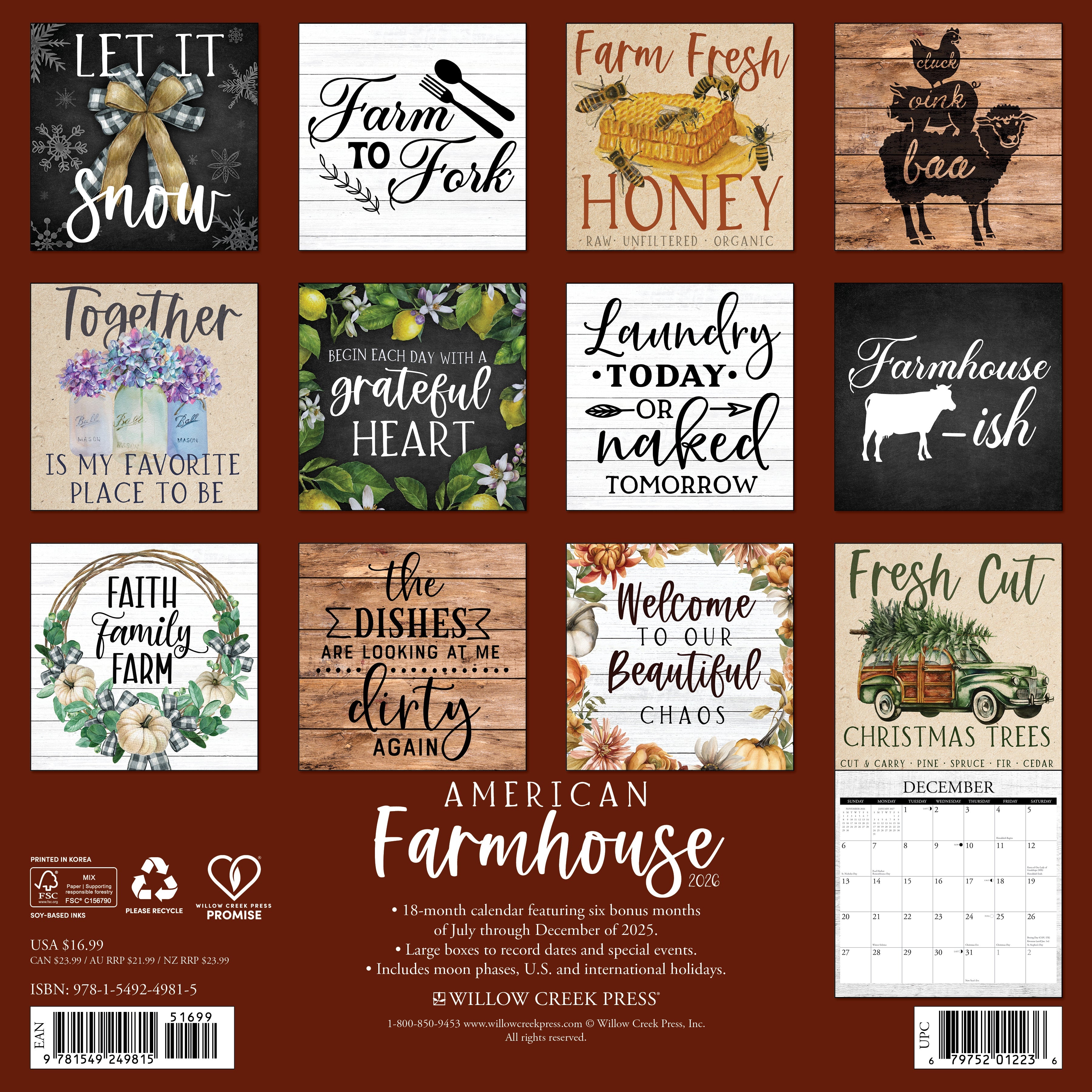 Country-themed 2026 Wall Calendar – American Farmhouse edition with cozy home décor images