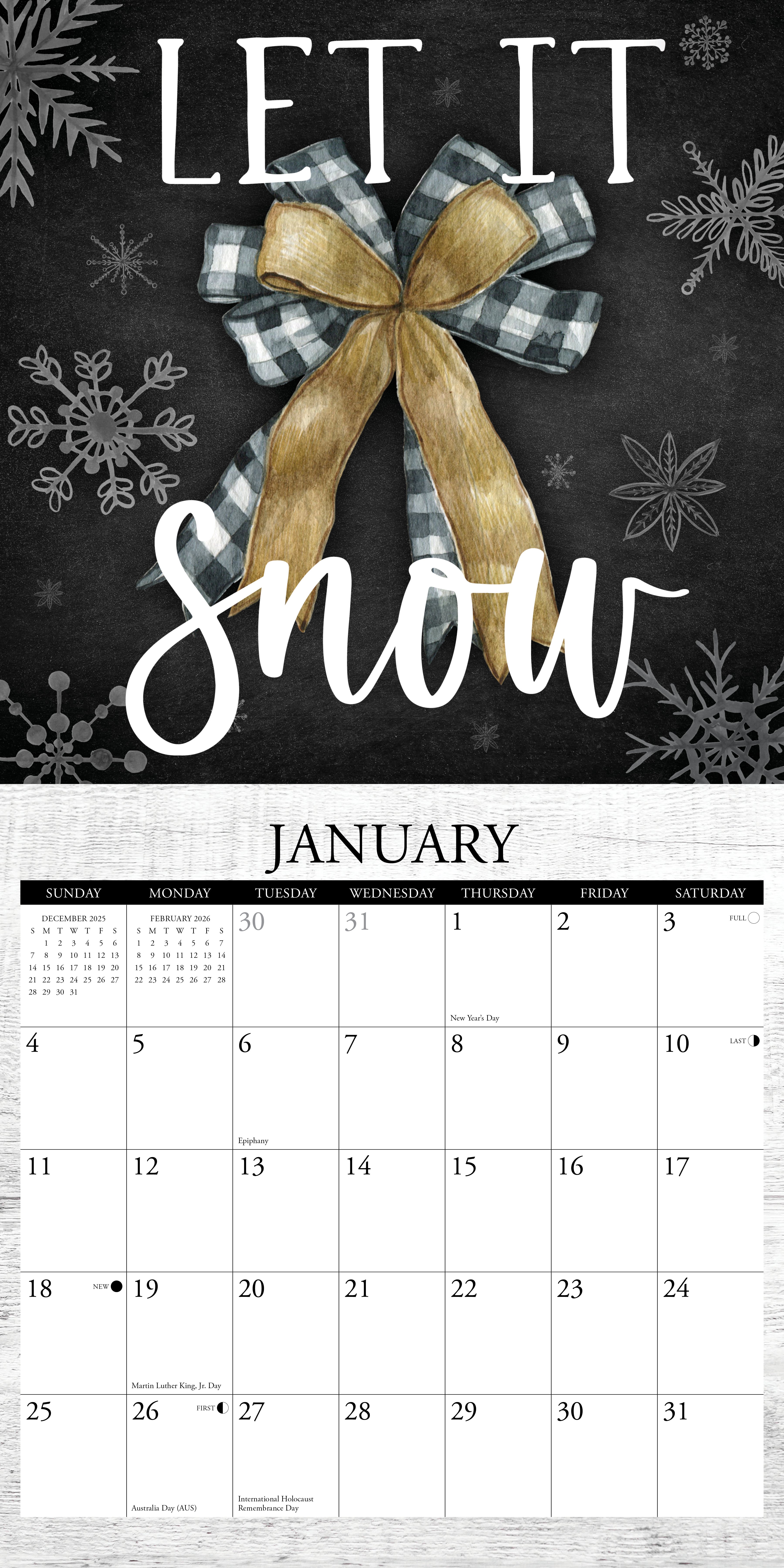 2026 Wall Calendar with large monthly date boxes, decorative images, and holidays, perfect for office or home organization and yearly planning