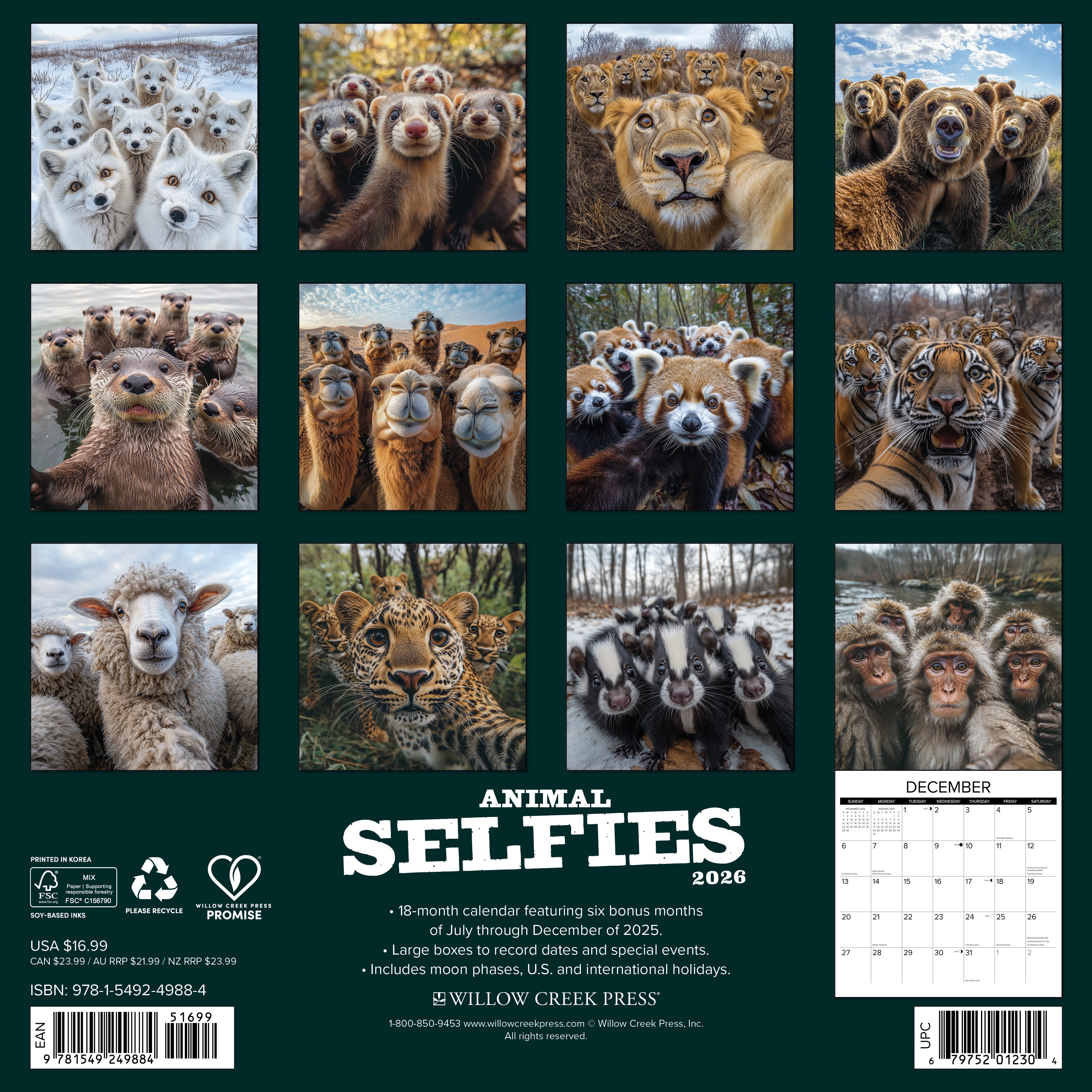 Cute animal-themed 2026 Wall Calendar – Animal Selfies edition with playful images