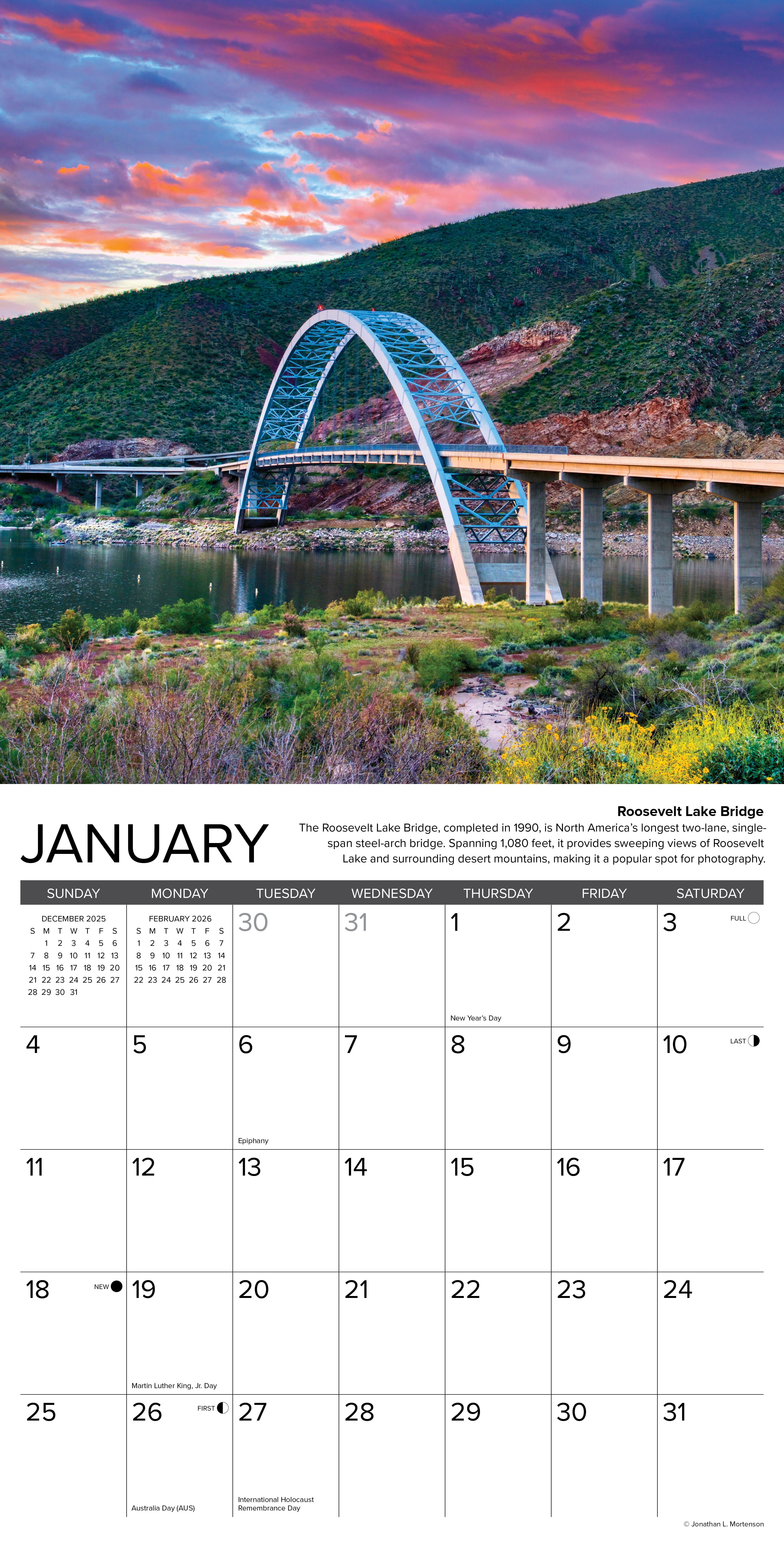 2026 Wall Calendar with large monthly date boxes, decorative images, and holidays, perfect for office or home organization and yearly planning