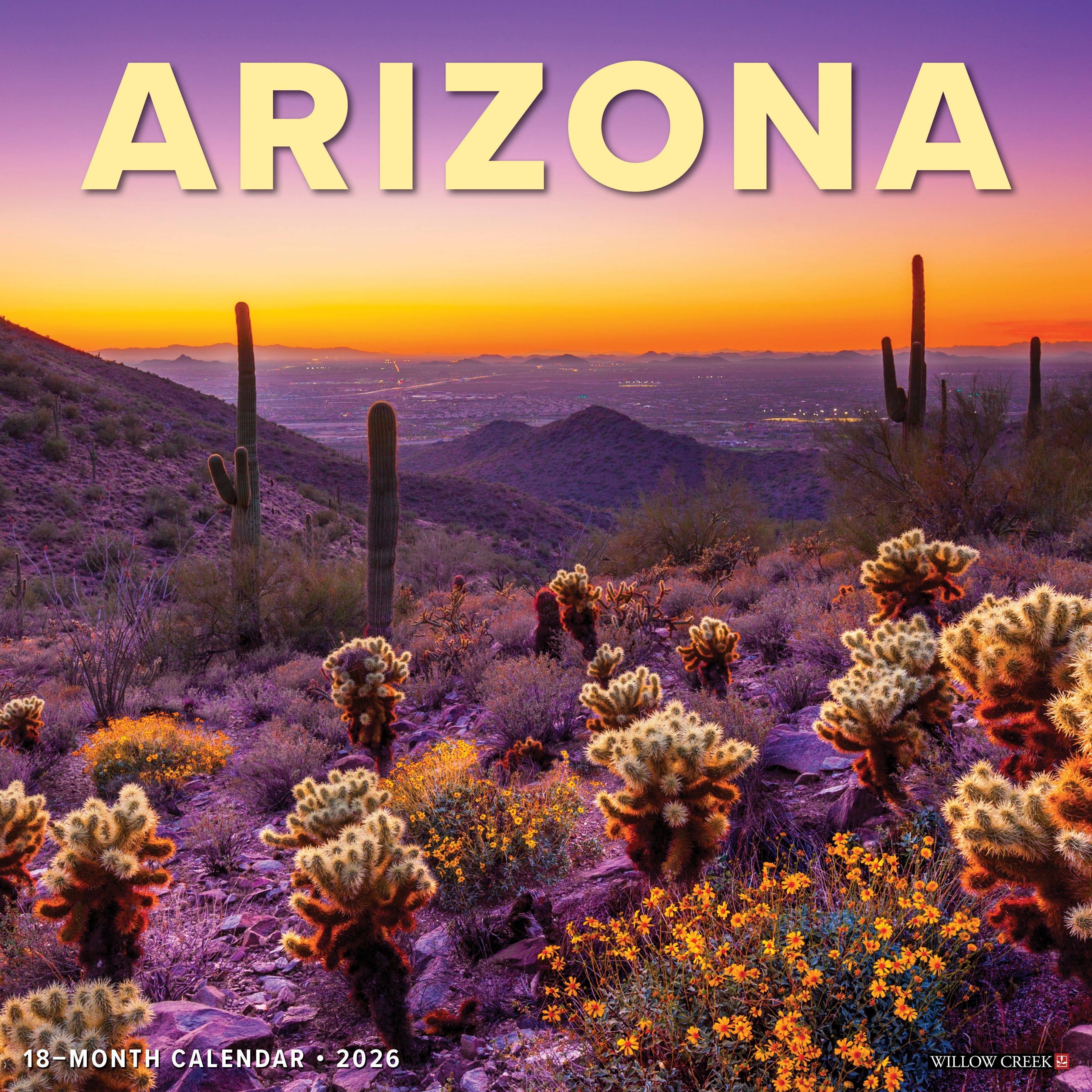 Arizona 2026 Wall Calendar featuring stunning desert landscapes and vibrant sunsets