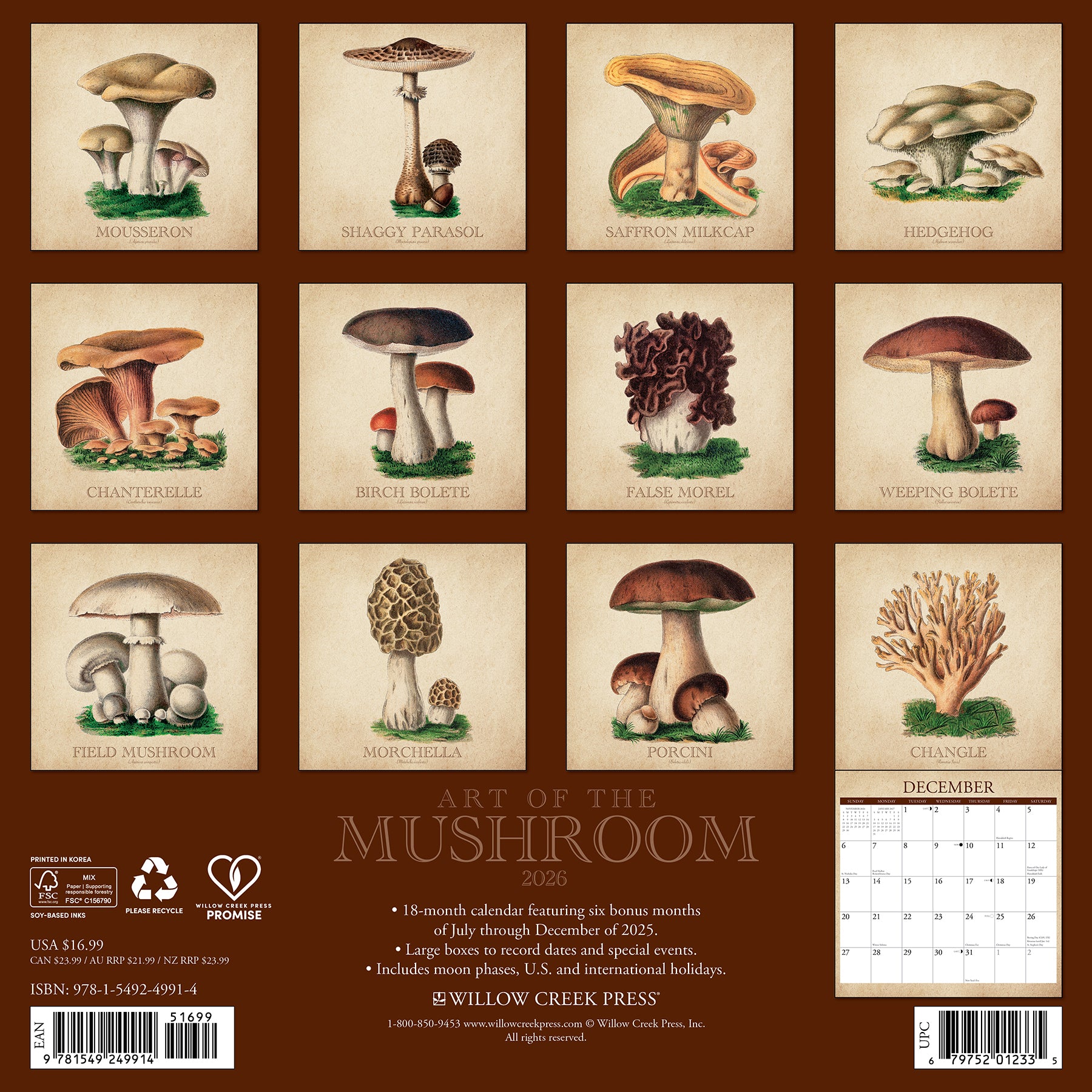 Mushroom photography 12"x12" wall calendar 2026 with large monthly grids