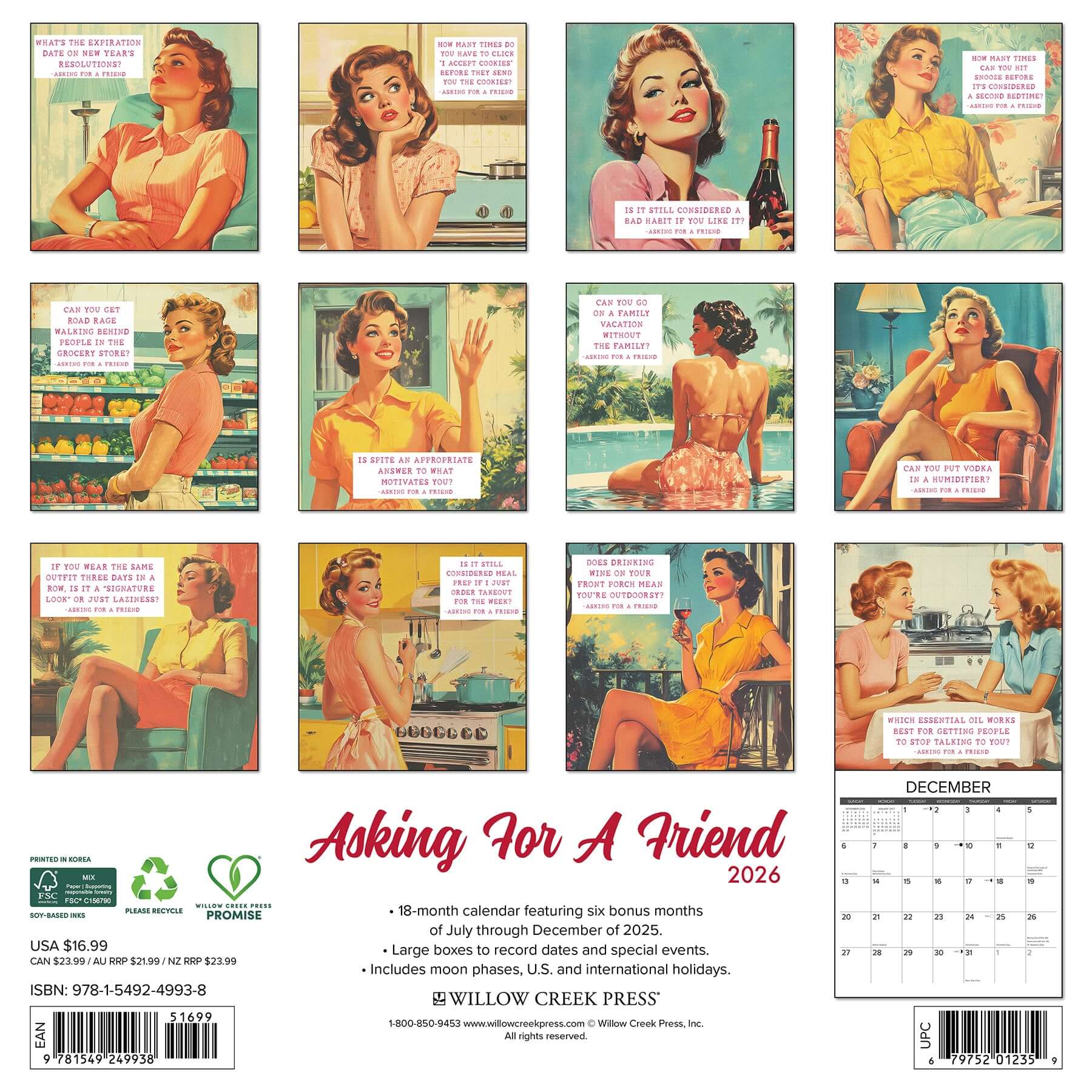 12x12 2026 calendar featuring humorous and relatable Asking for a Friend content