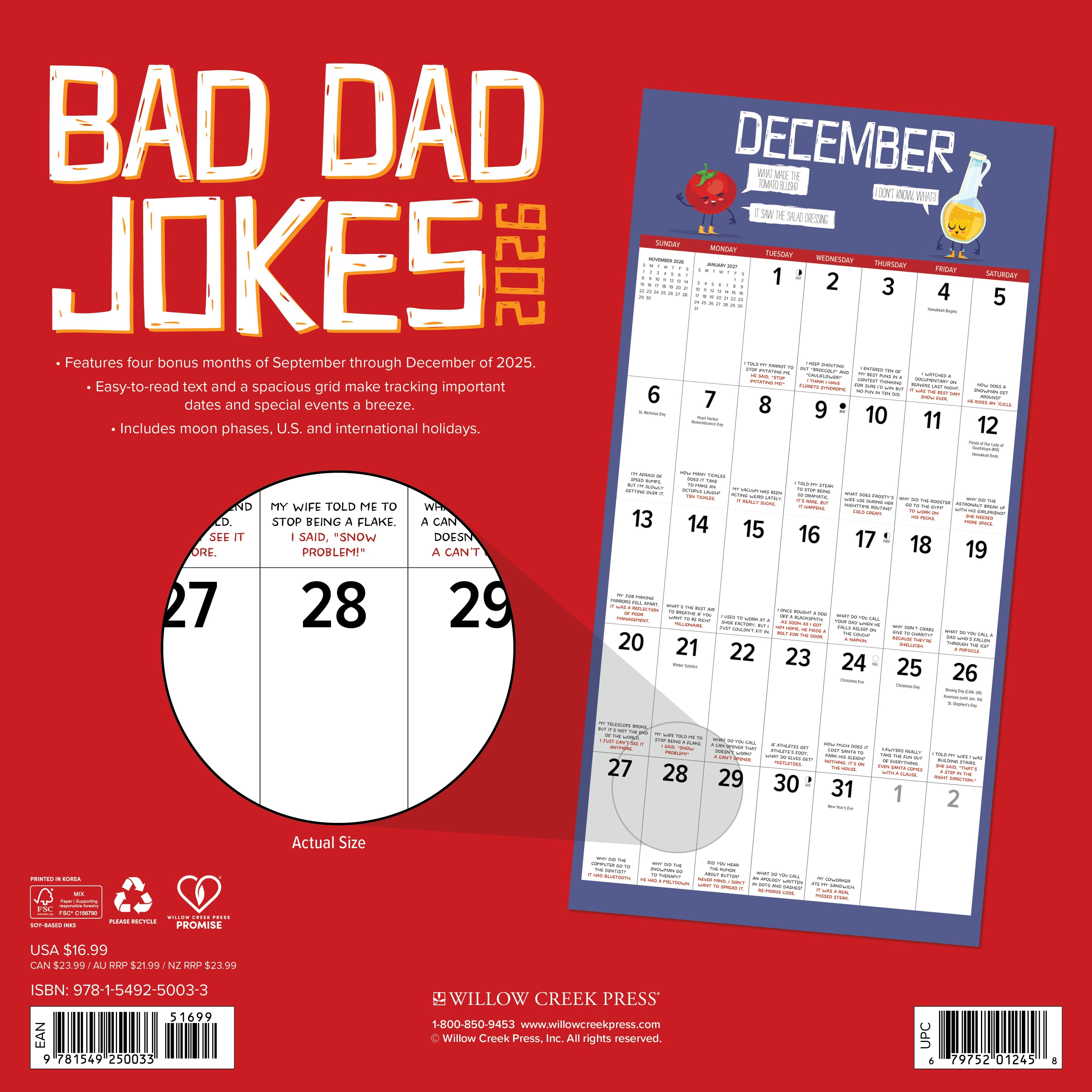 Bad Dad Jokes 2026 Wall Calendar for December, featuring easy-to-read layout and bonus months.
