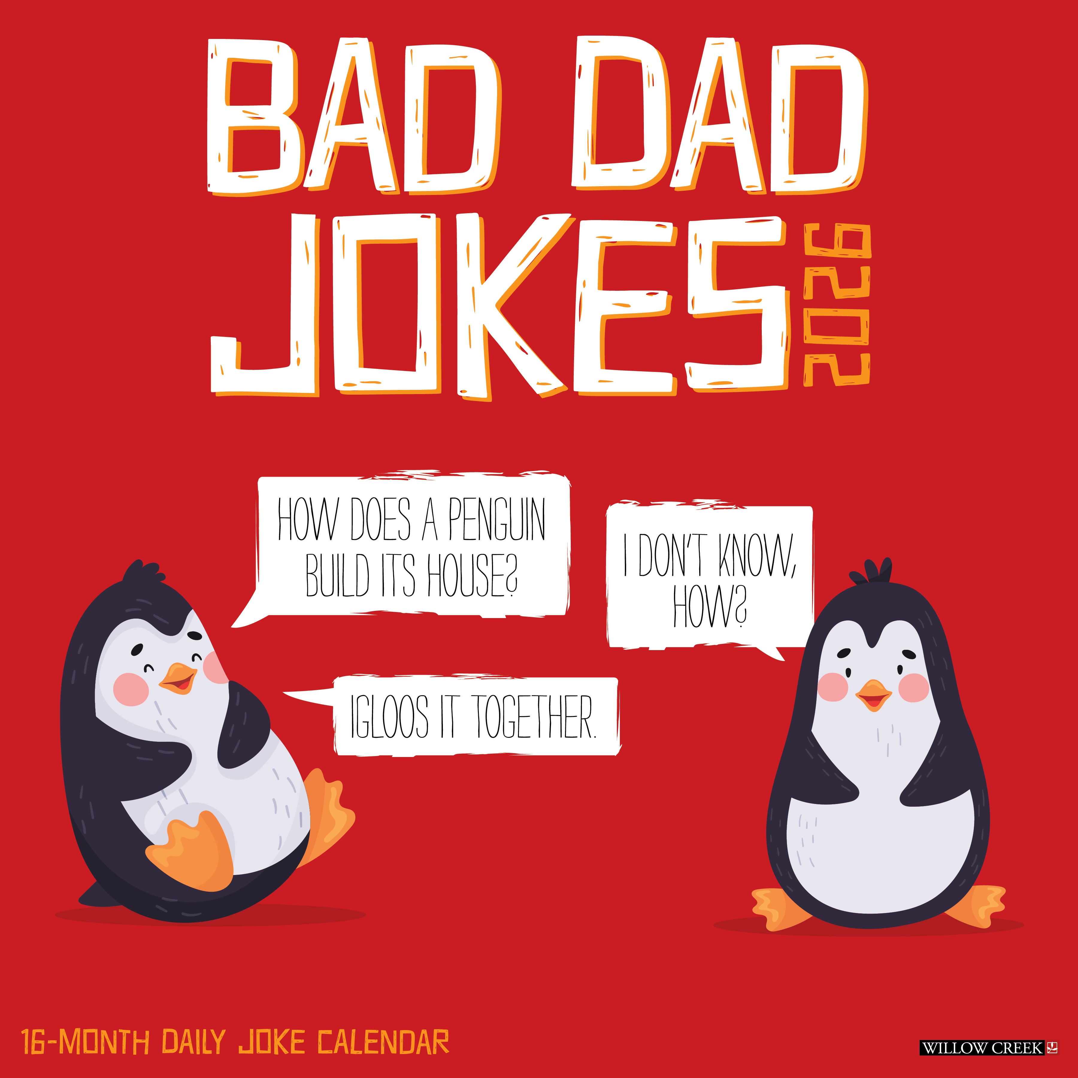 Bad Dad Jokes 12x12 2026 Wall Calendar with punny penguin humor and daily jokes for laughs.