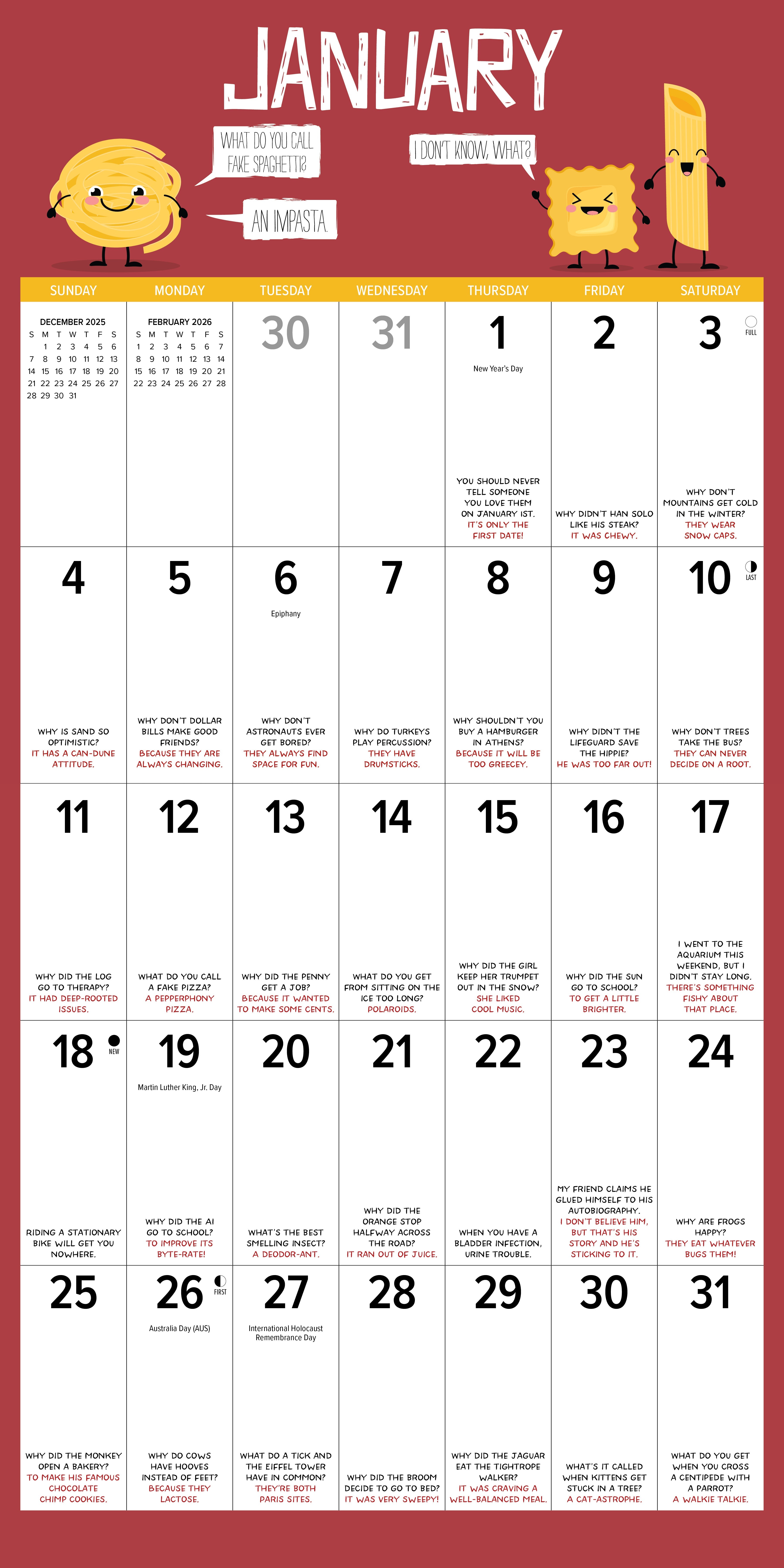 January page of the 2026 Wall Calendar featuring bad dad jokes with humorous illustrations.