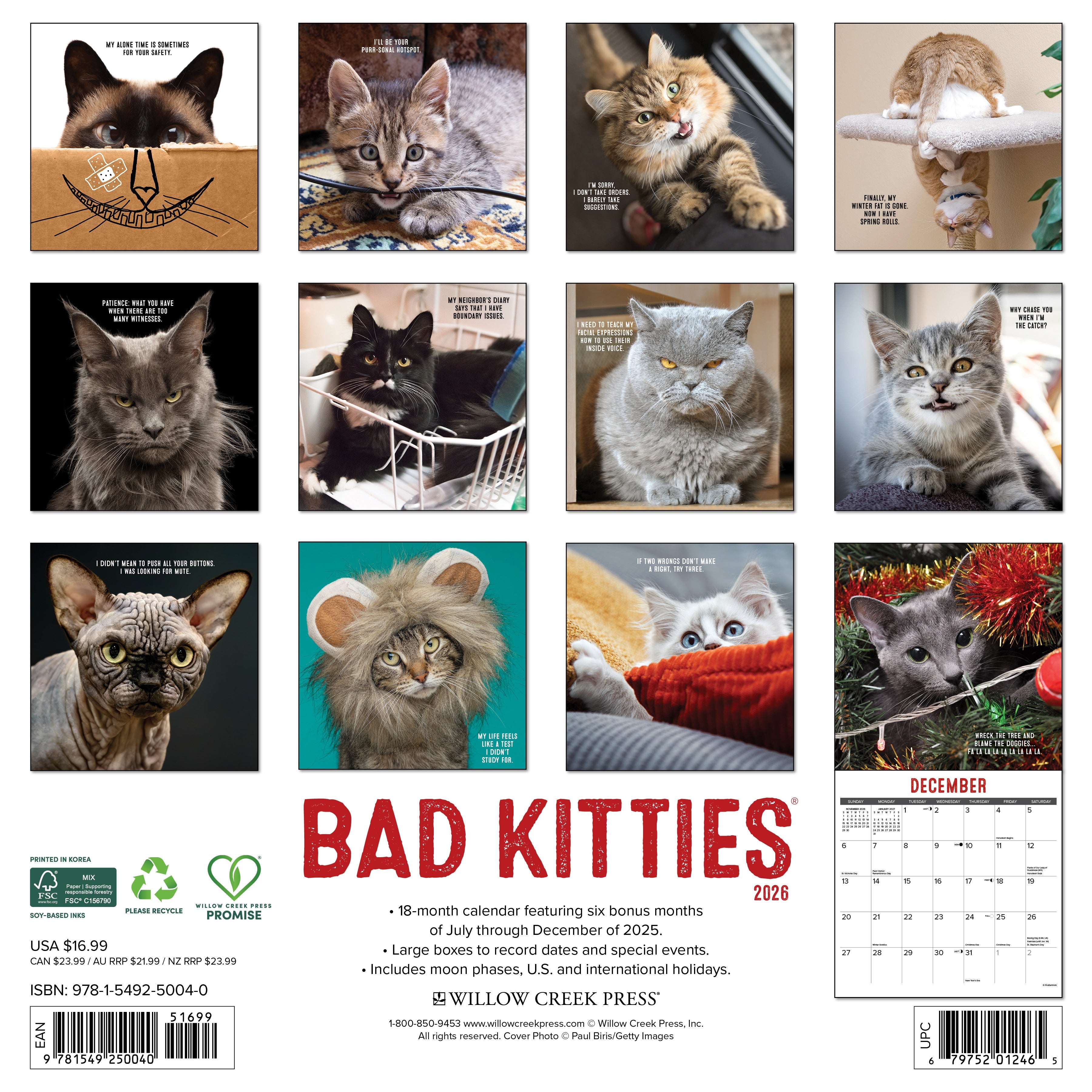 Bad Kitties 2026 Wall Calendar featuring mischievous cats and snarky captions on the back cover.