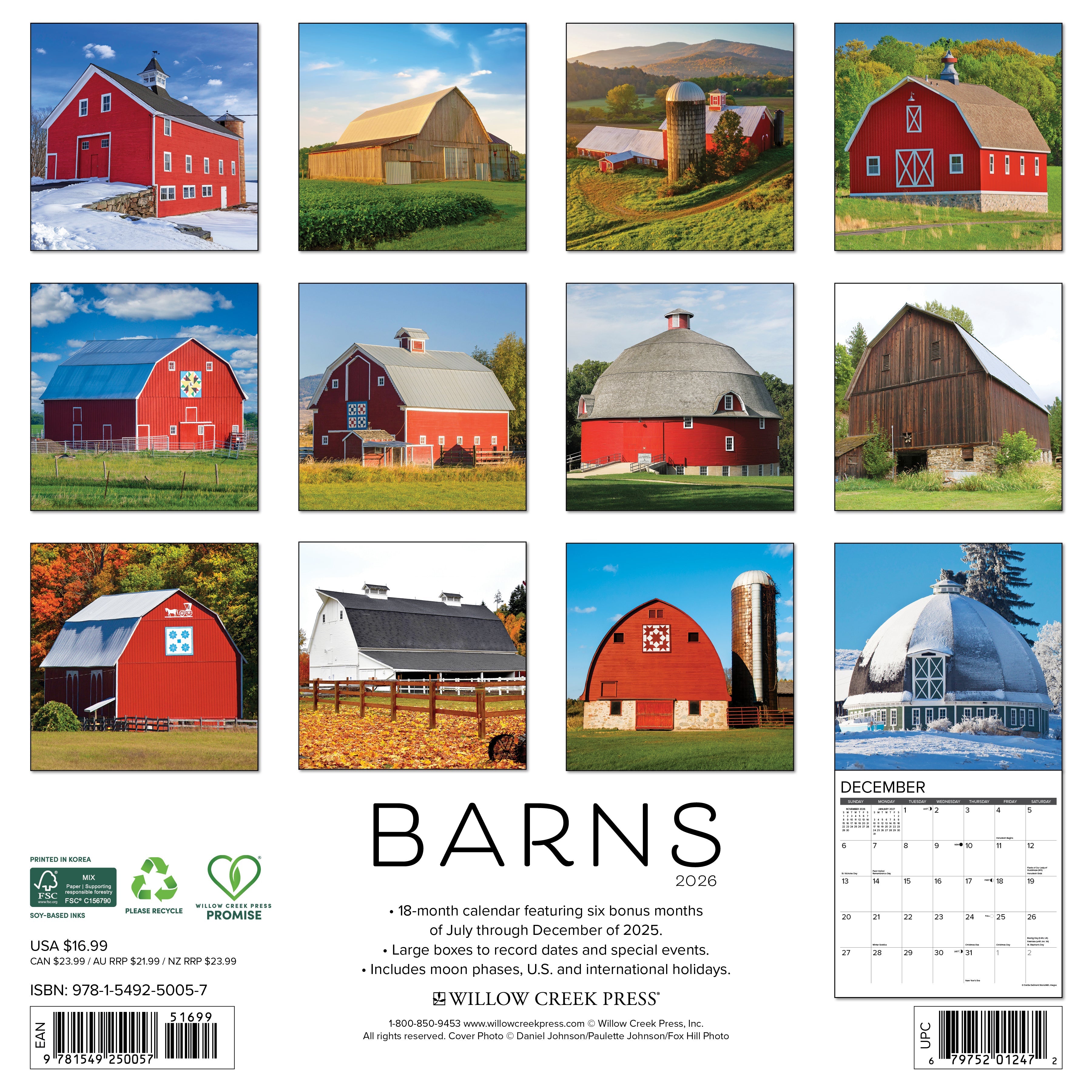 2026 Wall Calendar featuring beautiful barns and rural landscapes from July to December 2025.