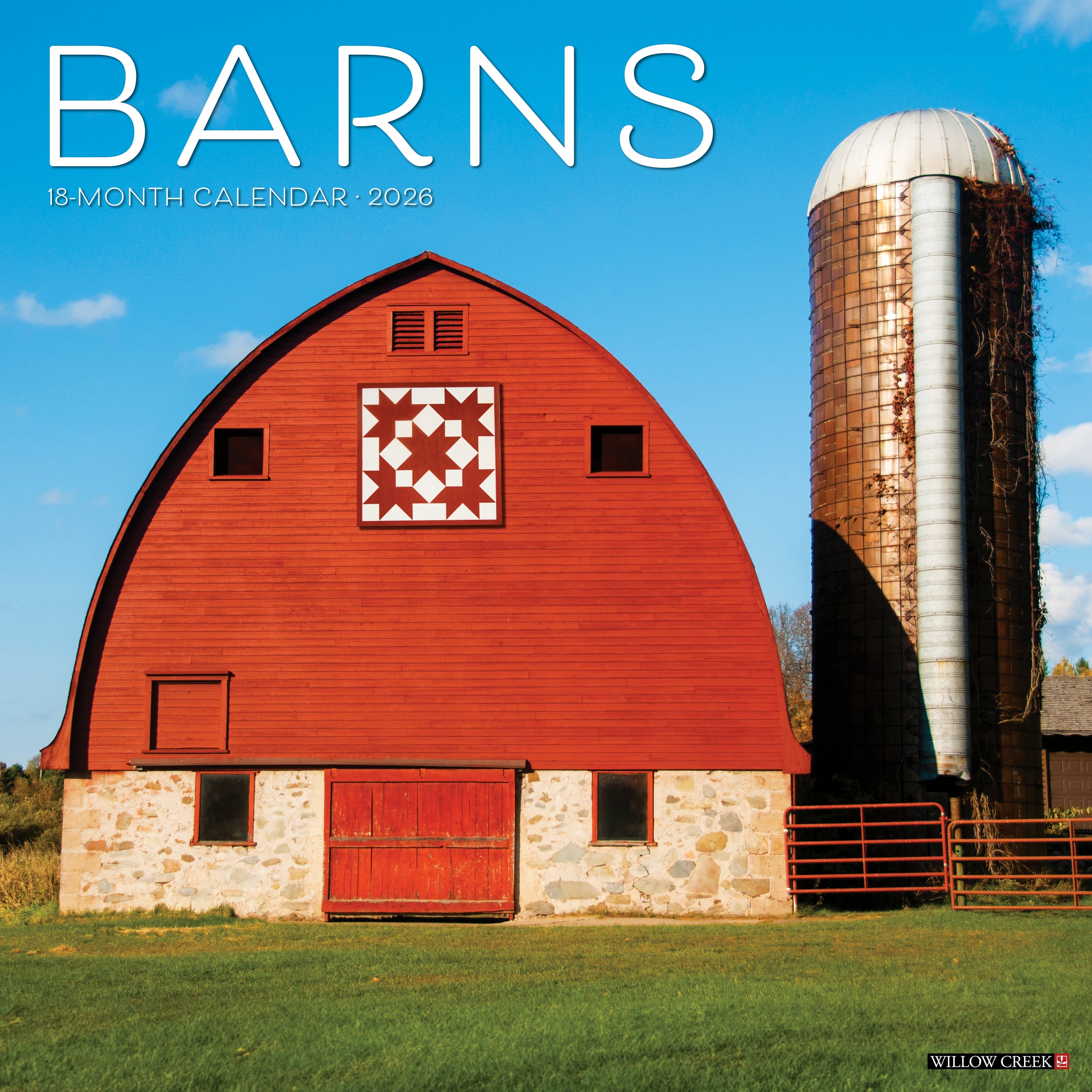 Barns 18-Month Calendar 2026 showcasing a beautiful red barn and silo against a blue sky.