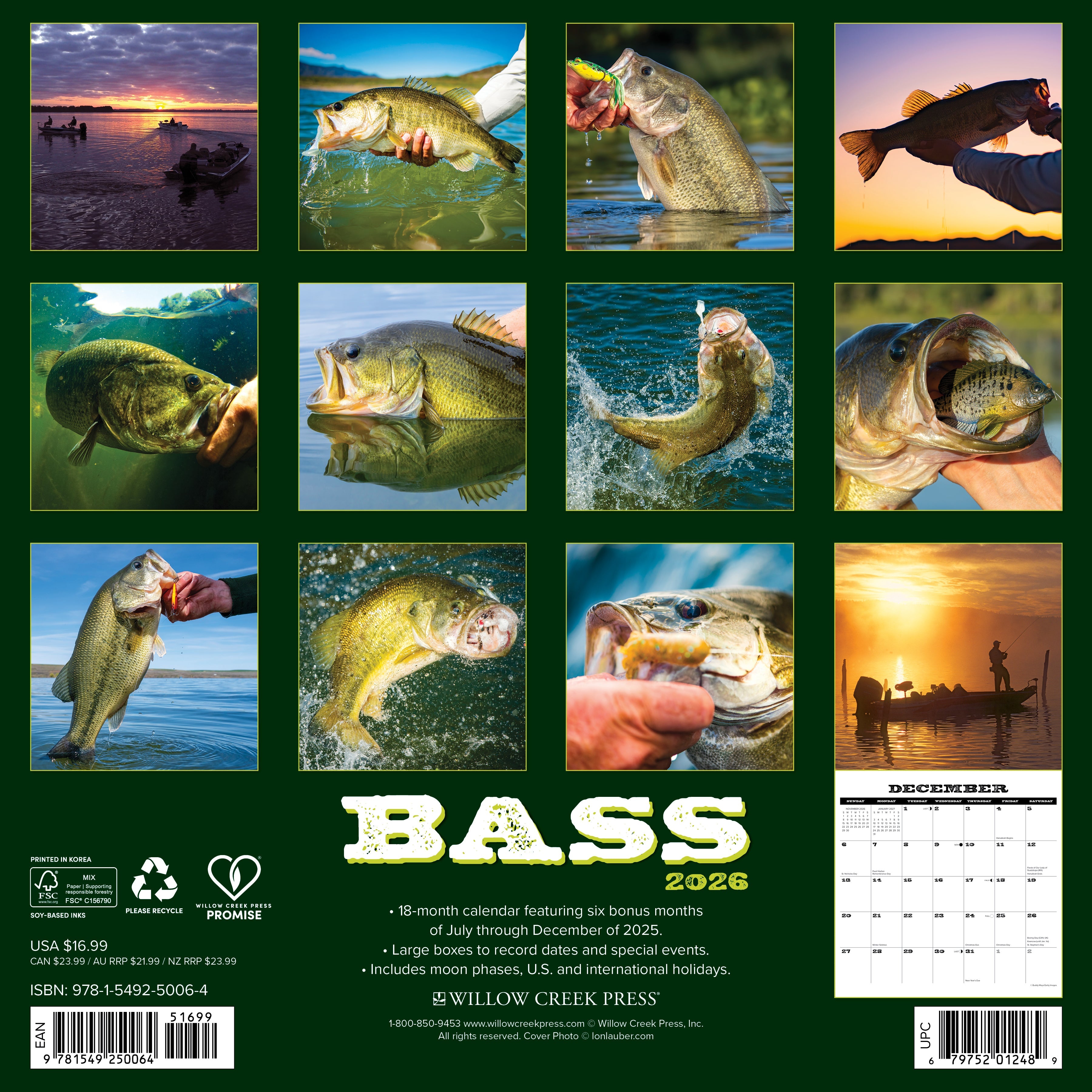 Bass 12" x 12" 2026 Wall Calendar images featuring fishing moments and trophy bass.