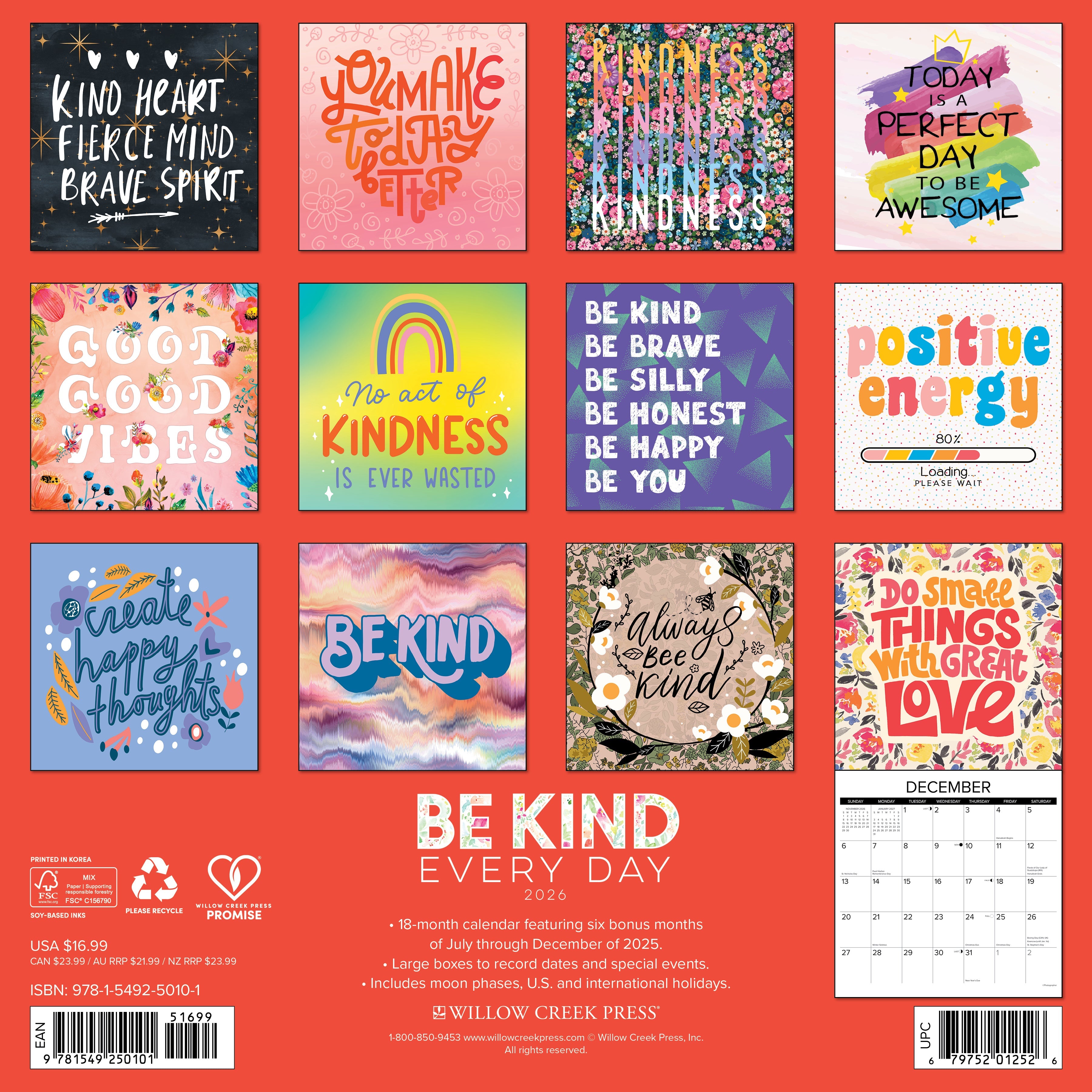 Colorful designs and uplifting quotes from the Be Kind Every Day 12" x 12" 2026 Wall Calendar.
