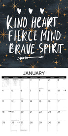 Be Kind Every Day 2026 Wall Calendar featuring January with the quote 'Kind Heart, Fierce Mind, Brave Spirit'.