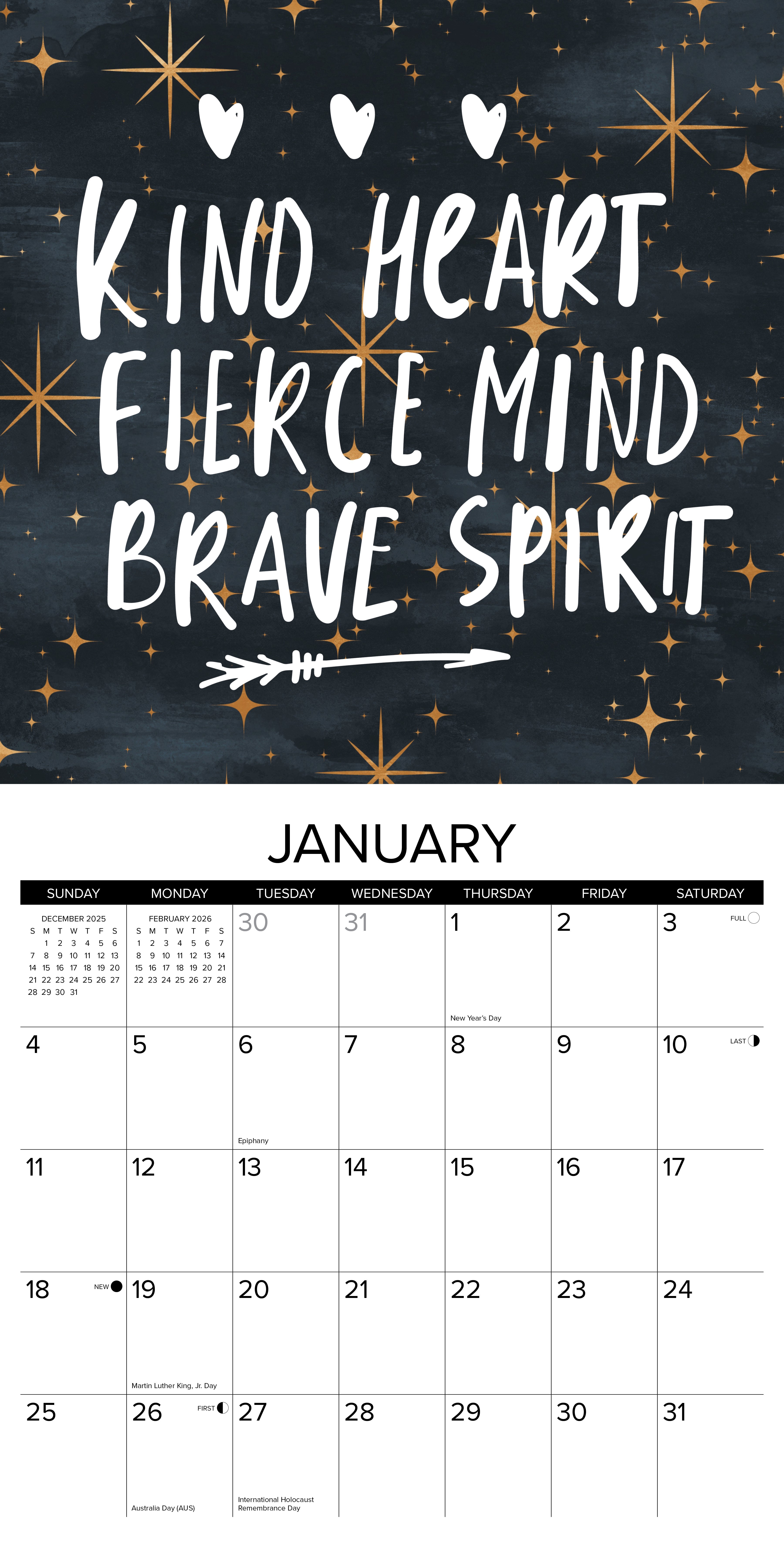 Be Kind Every Day 2026 Wall Calendar featuring January with the quote 'Kind Heart, Fierce Mind, Brave Spirit'.