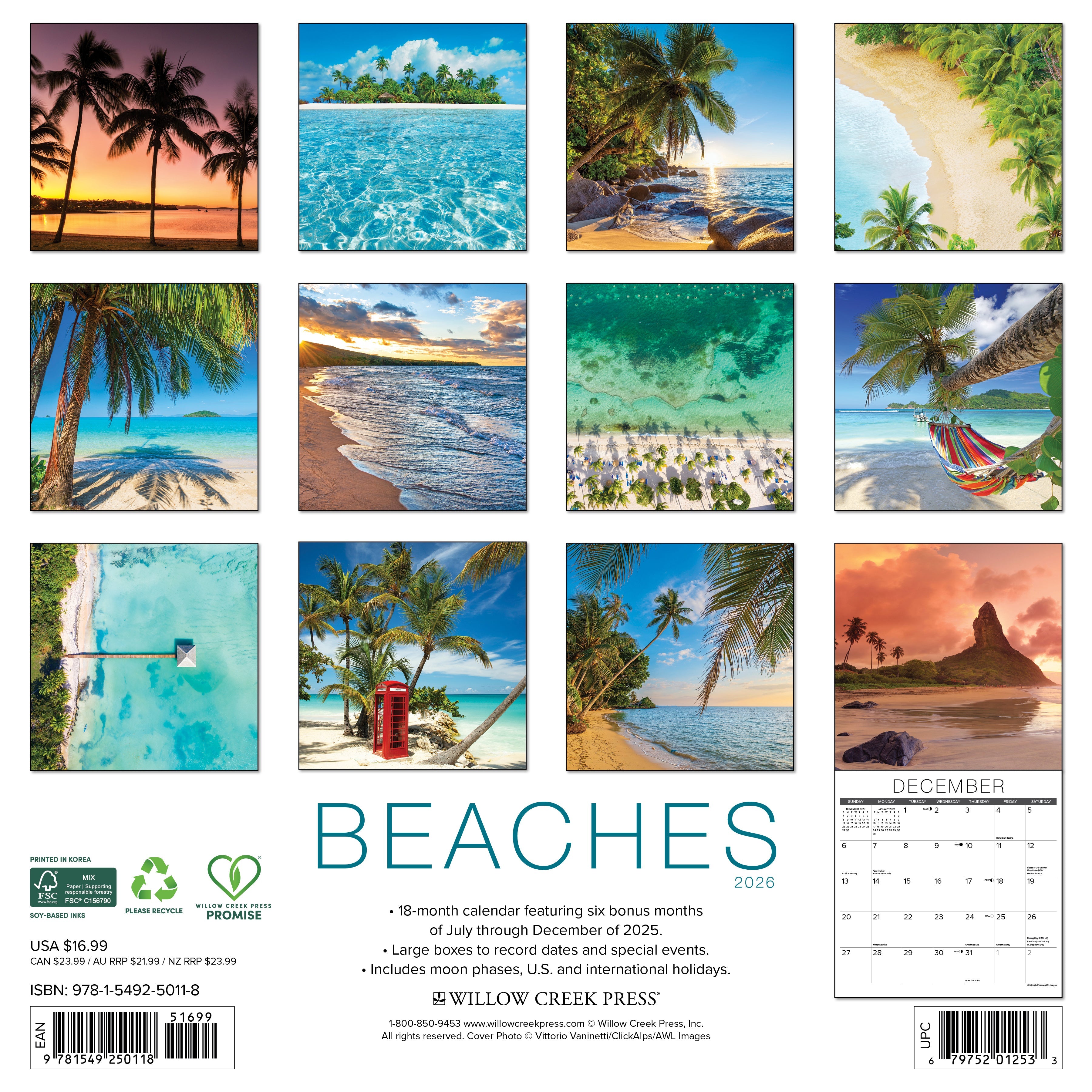 2026 Wall Calendar featuring beach scenes with turquoise waters and palm trees, perfect for ocean lovers and daydreamers.