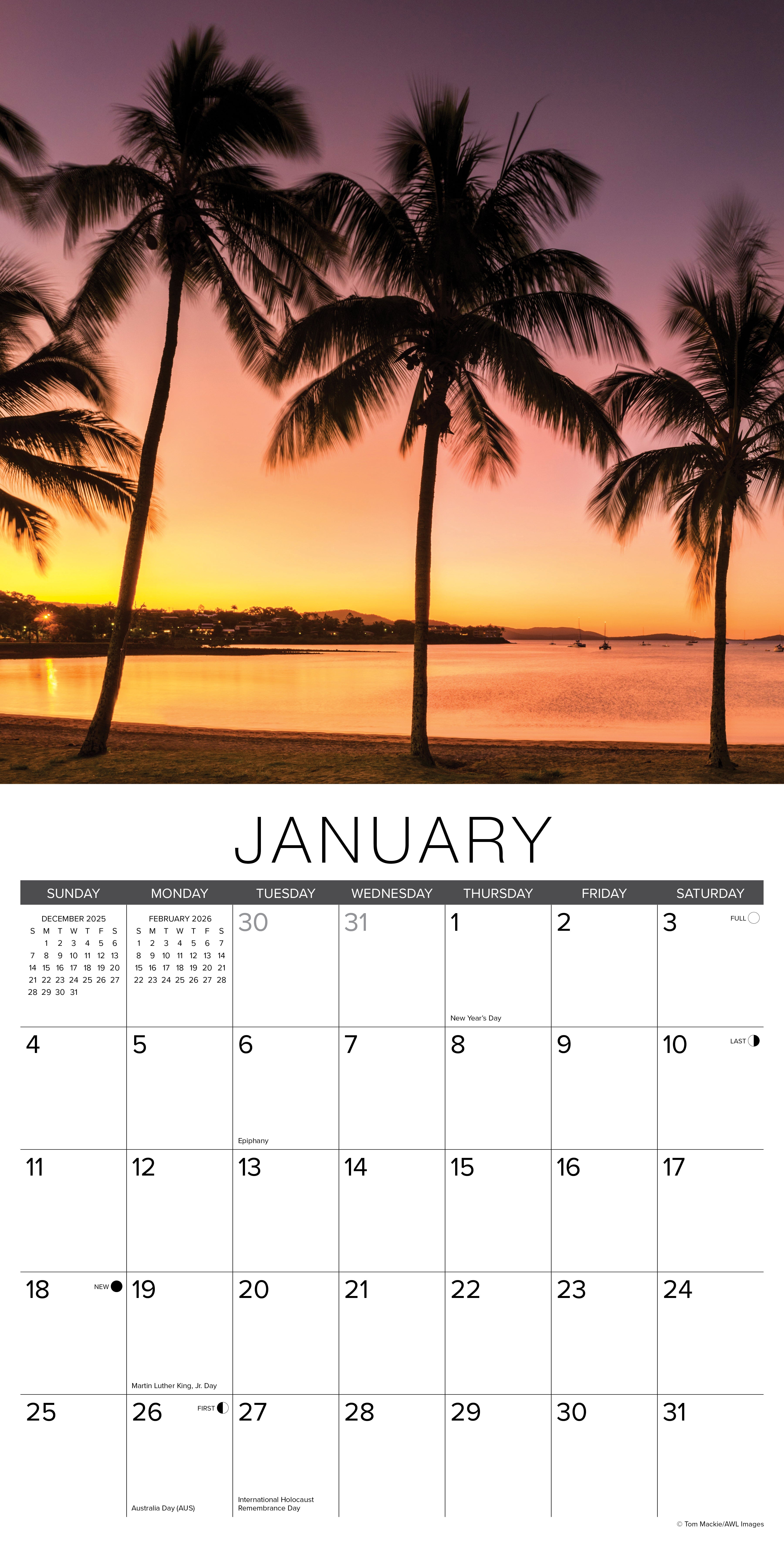 2026 Wall Calendar featuring January with palm trees and a serene beach at sunset.