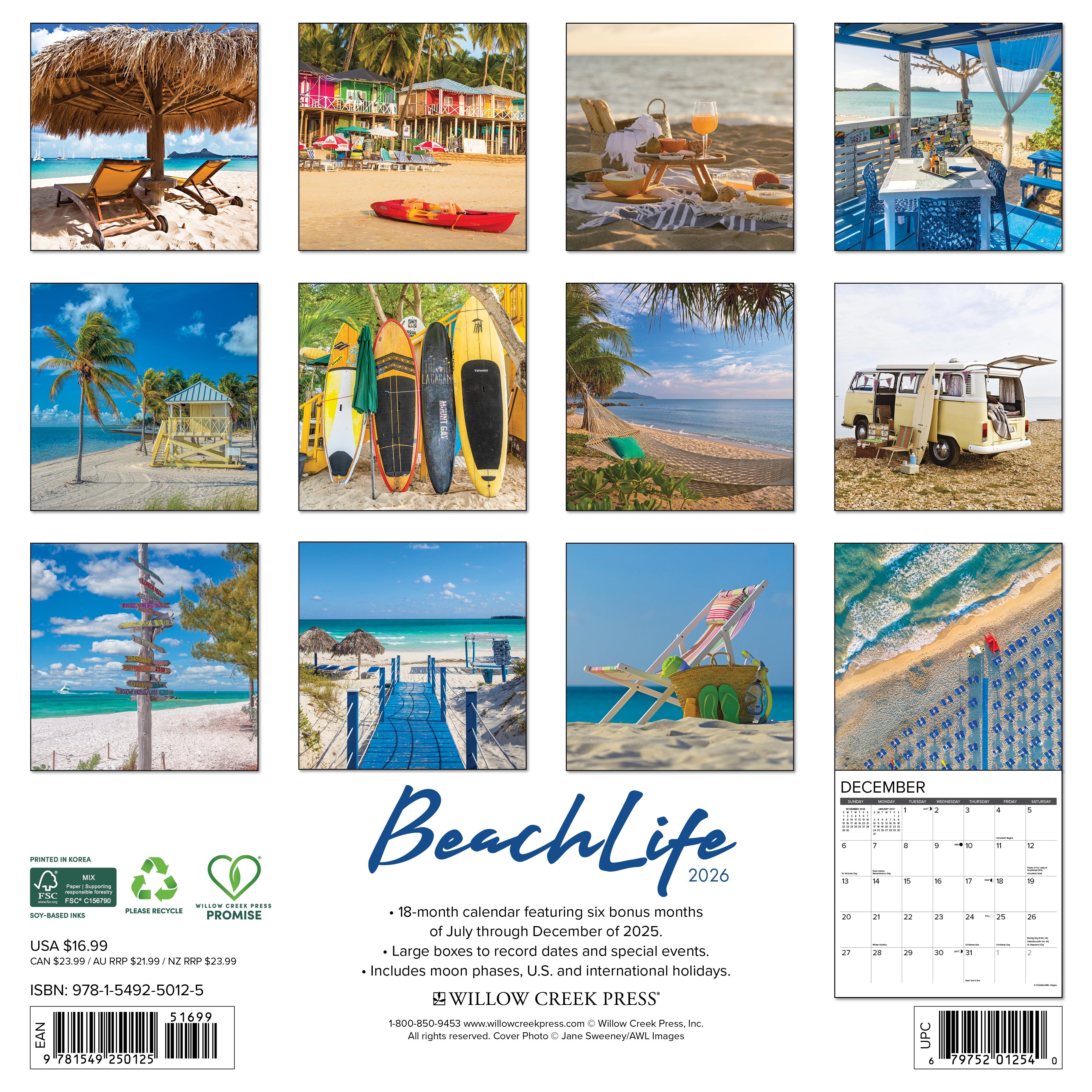 2026 beach wall calendar showcasing coastal scenes of beach chairs, surfboards, and seaside cafés.