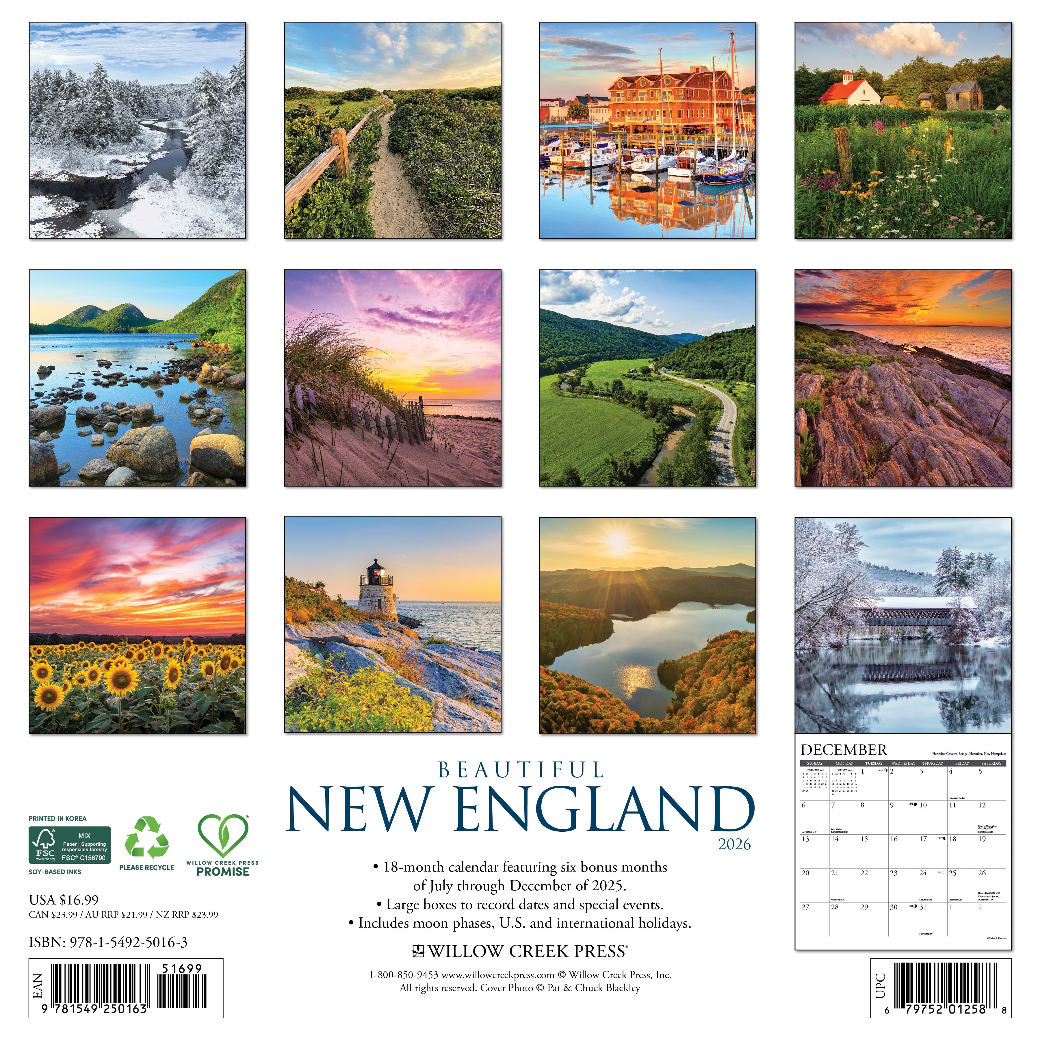 Beautiful New England 2026 Wall Calendar featuring seasonal landscapes and vibrant imagery.