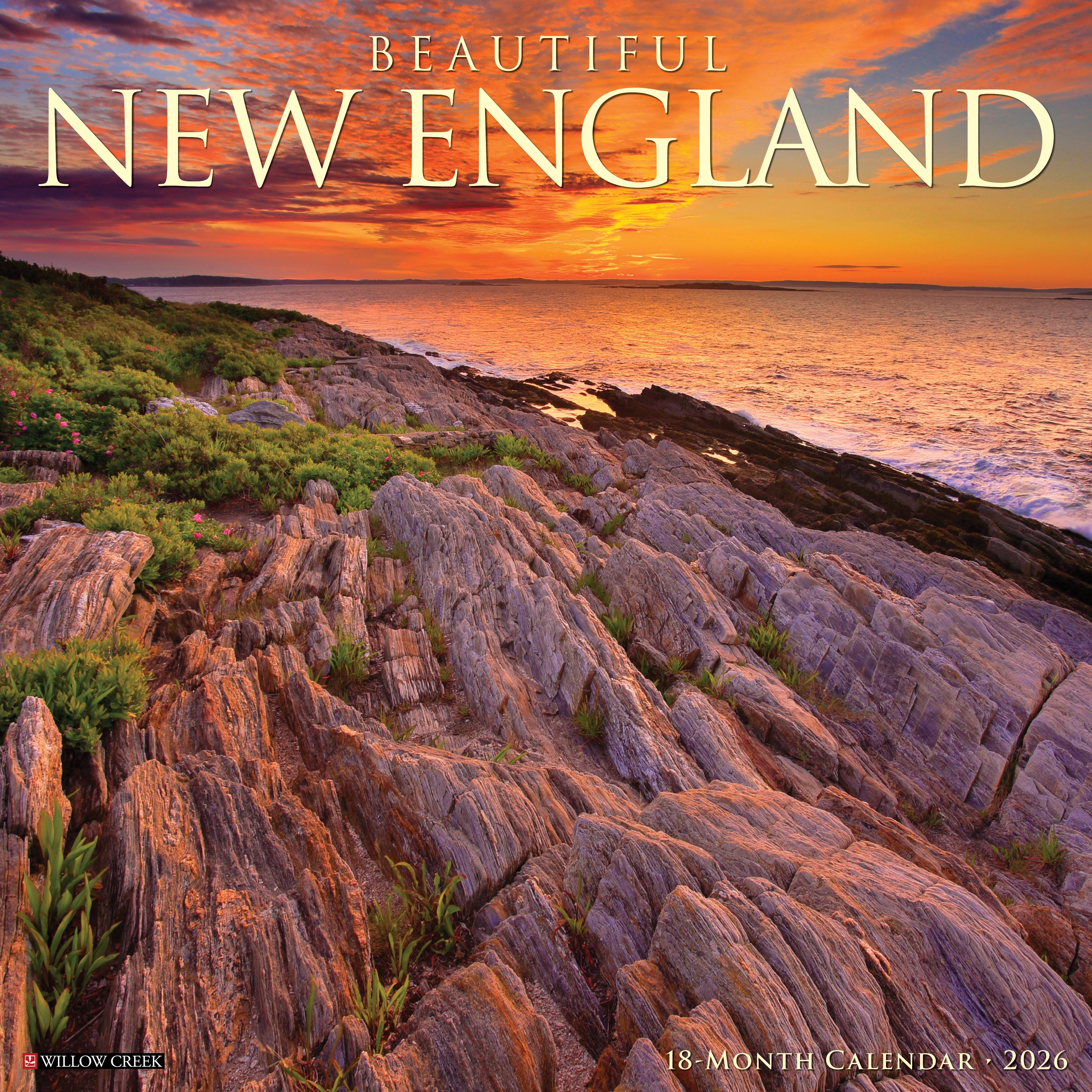 Beautiful New England 2026 Wall Calendar featuring coastal landscapes and vibrant colors.