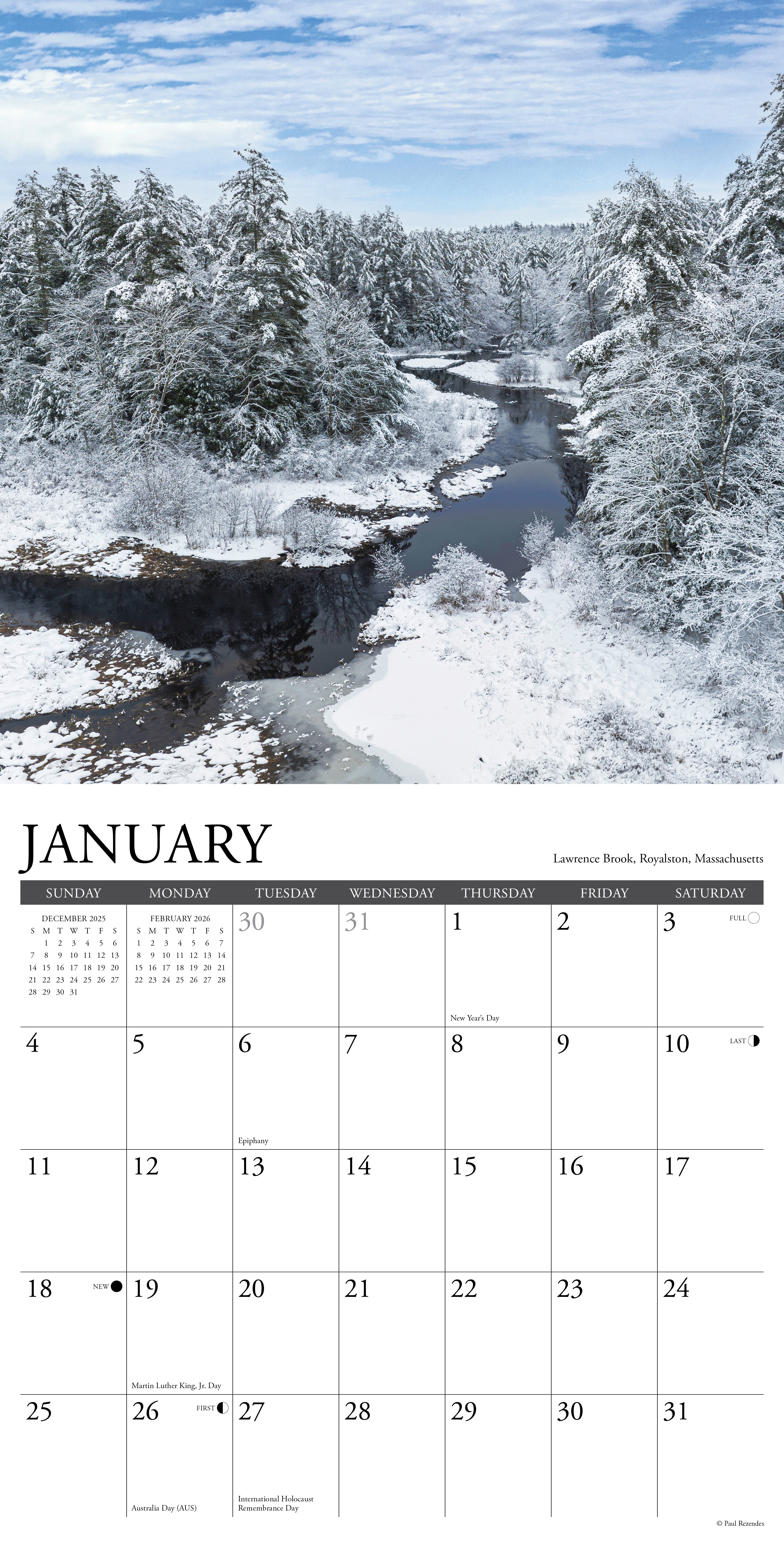 2026 Wall Calendar featuring a snowy January landscape with a river and trees in New England.