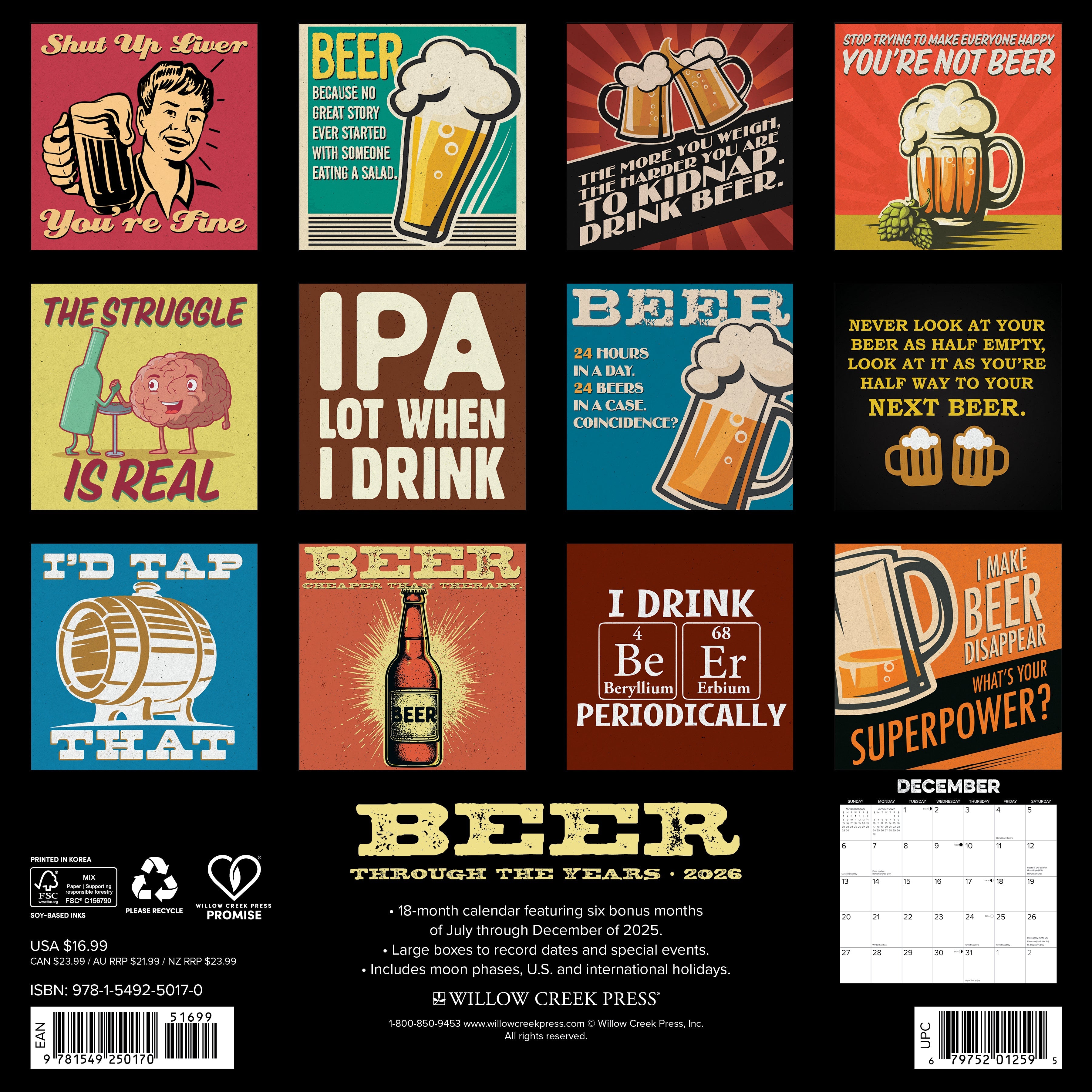 2026 Wall Calendar featuring humorous vintage beer puns and clever sayings for craft beer enthusiasts.