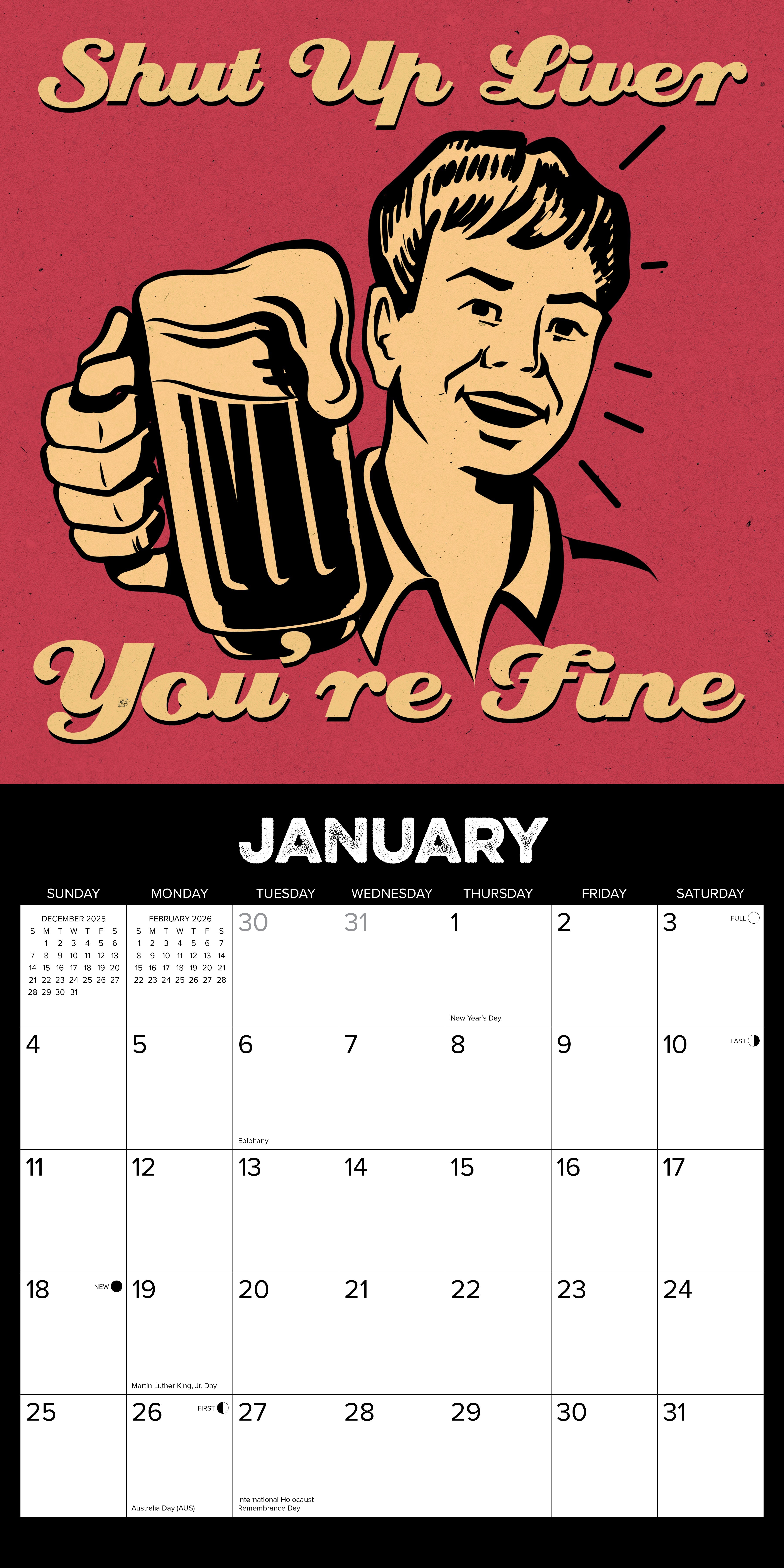 Shut Up Liver You're Fine January page of 2026 Wall Calendar featuring beer humor illustration.