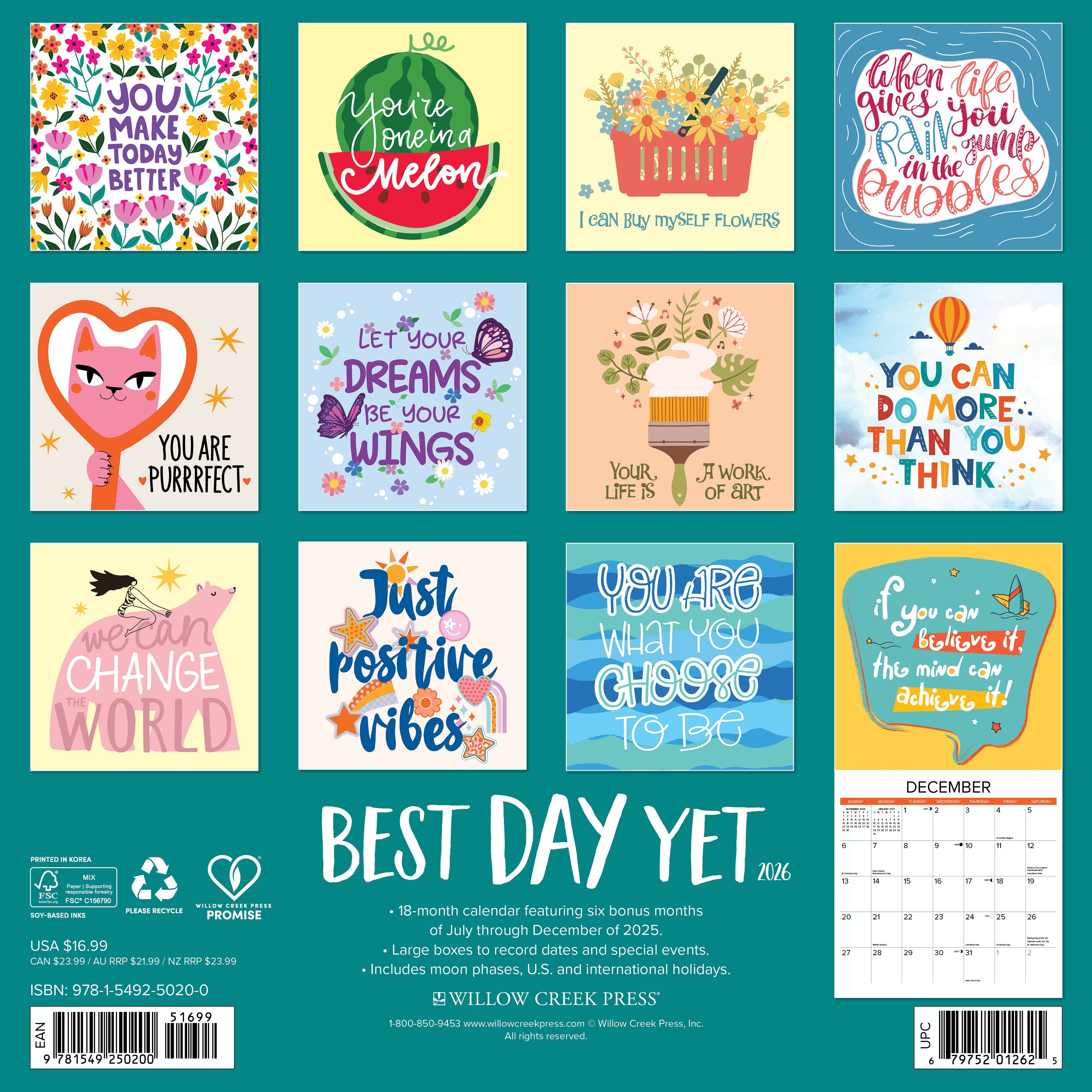 Cheerful art and empowering messages from the Best Day Yet 2026 Wall Calendar, inspiring positivity and organization.
