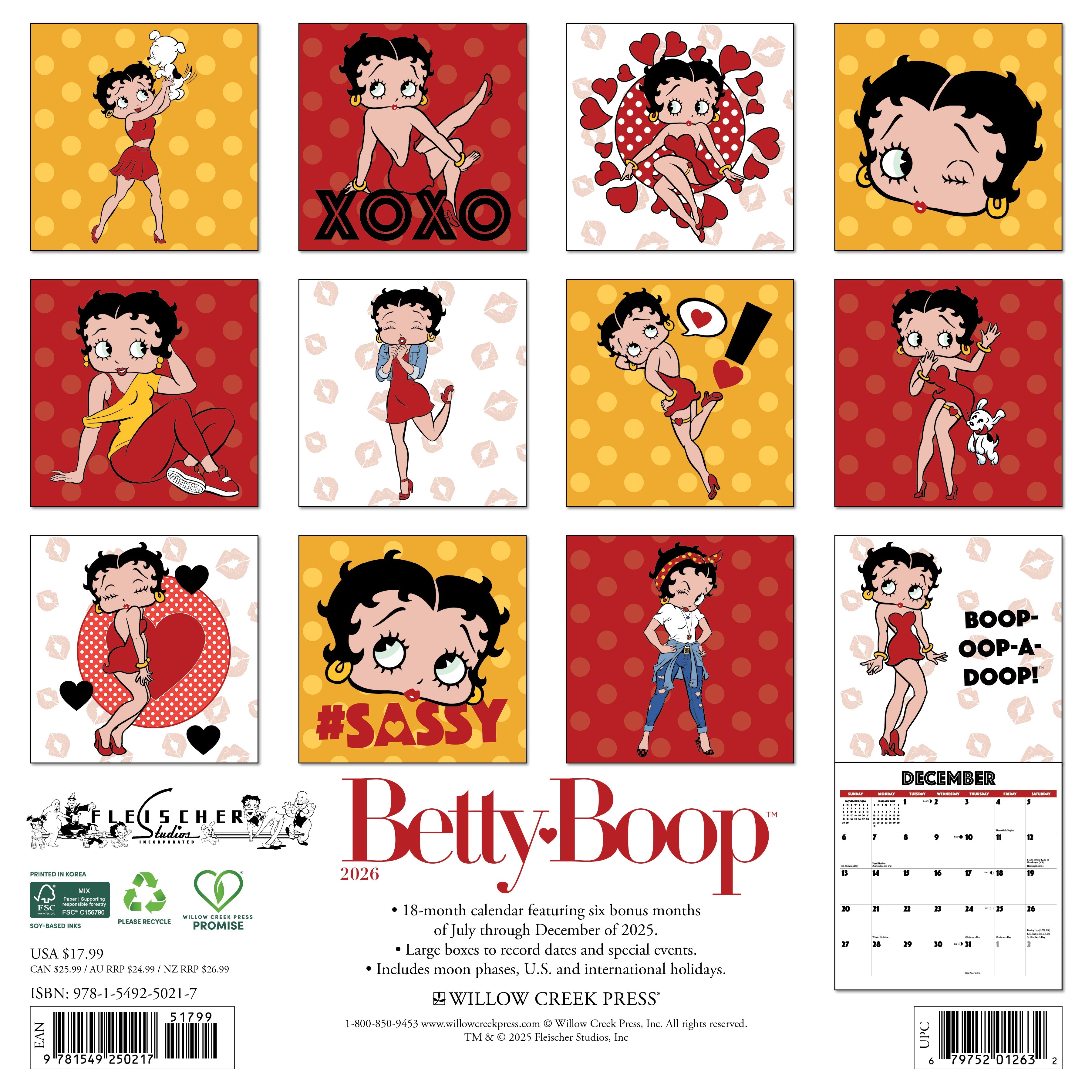 Betty Boop 2026 Wall Calendar featuring vibrant images of Betty Boop in various poses and styles.