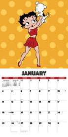 2026 Wall Calendar featuring Betty Boop in a red dress holding a dog with a polka dot background for January.