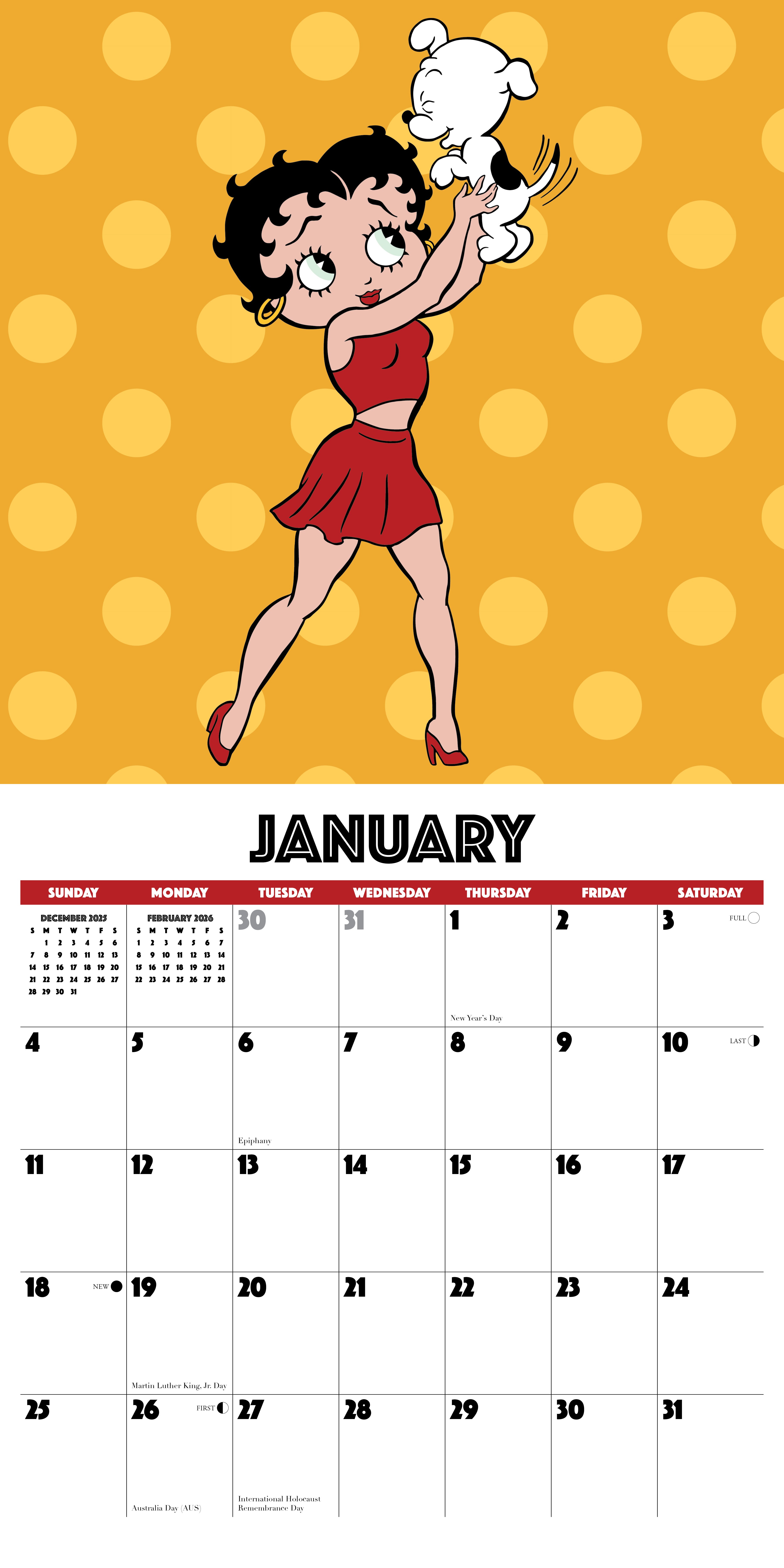 2026 Wall Calendar featuring Betty Boop in a red dress holding a dog with a polka dot background for January.