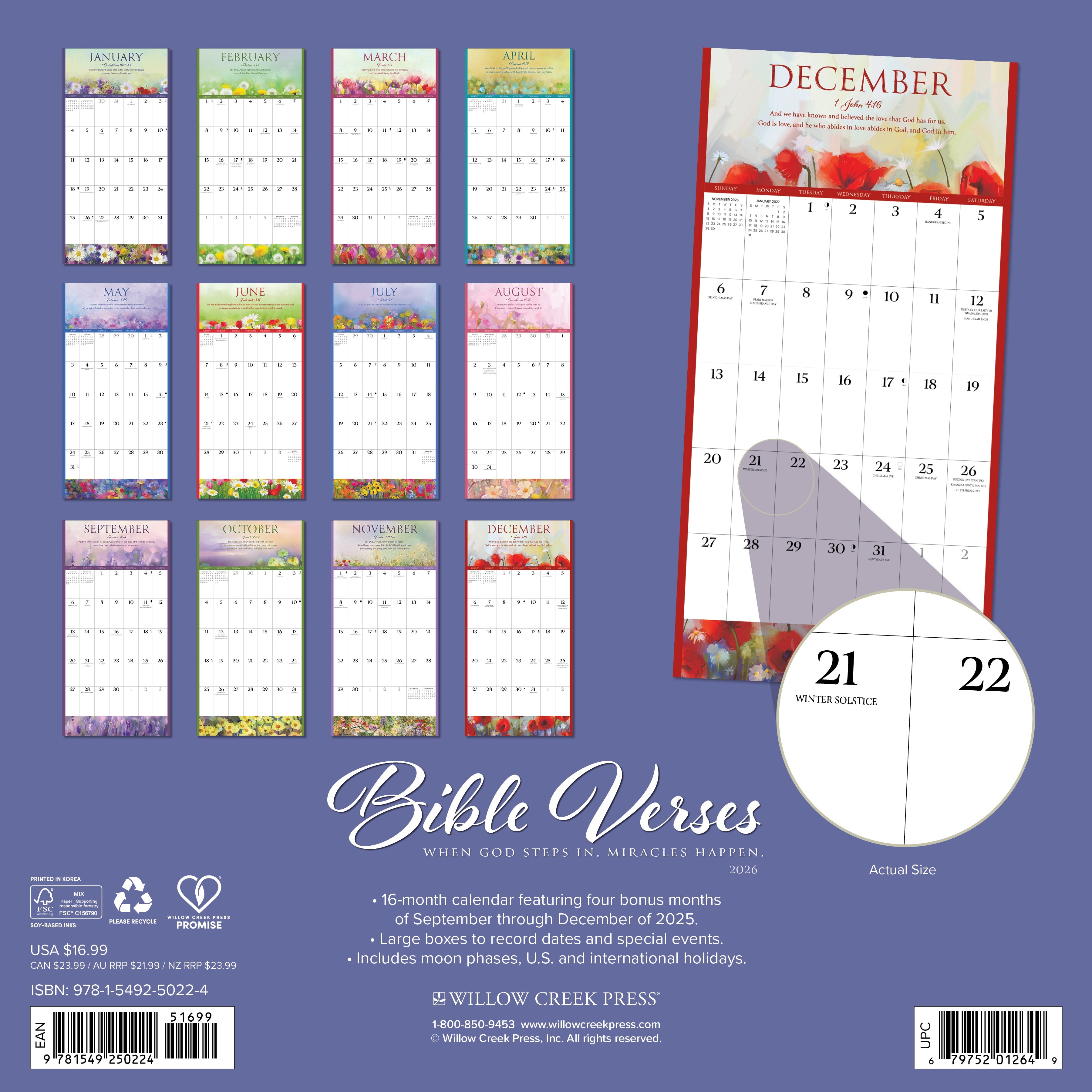 2026 Wall Calendar back cover showcasing Bible verses with floral designs and month layout for daily inspiration.