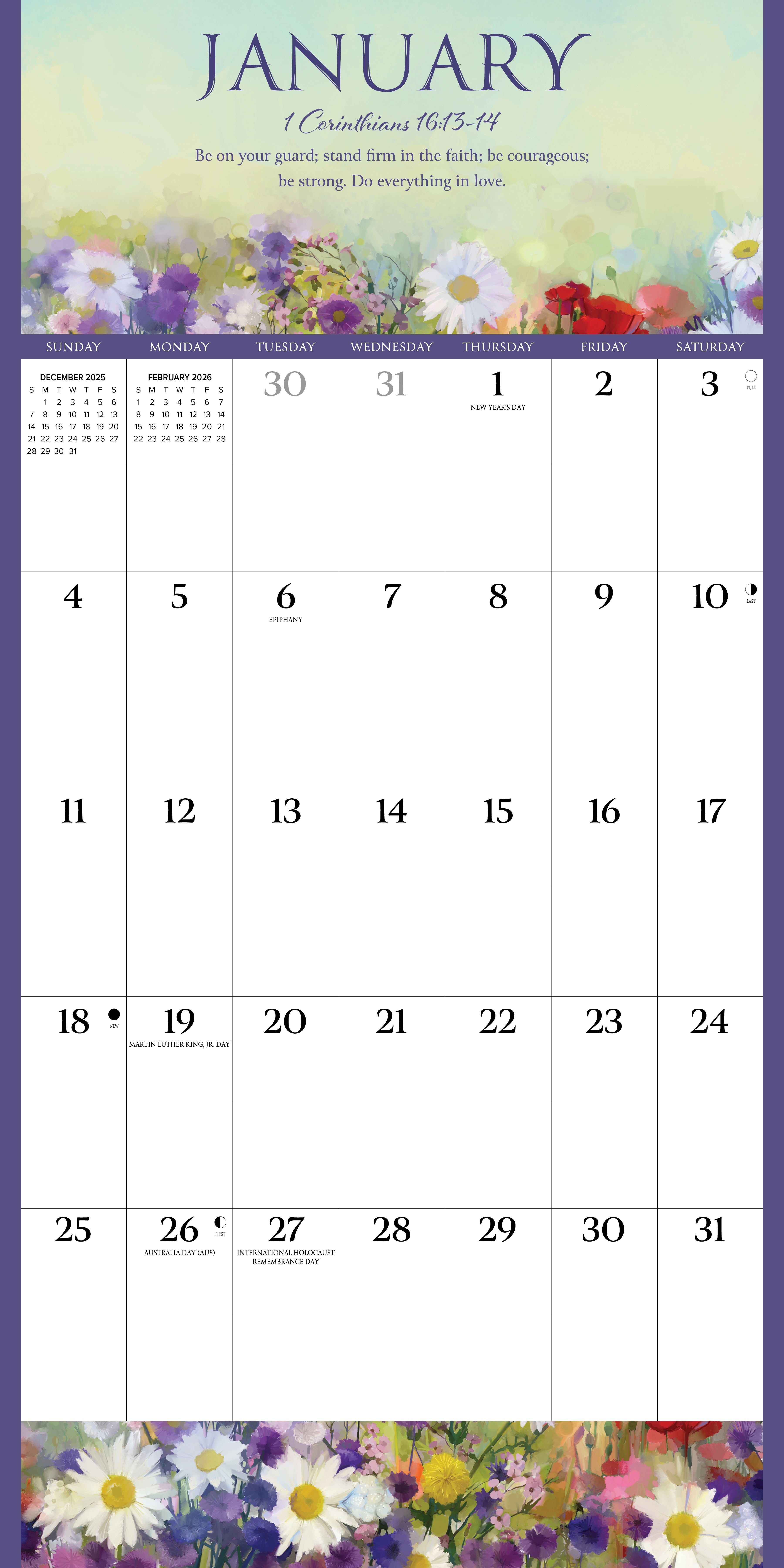 2026 Wall Calendar page for January featuring floral designs and uplifting Bible verse.