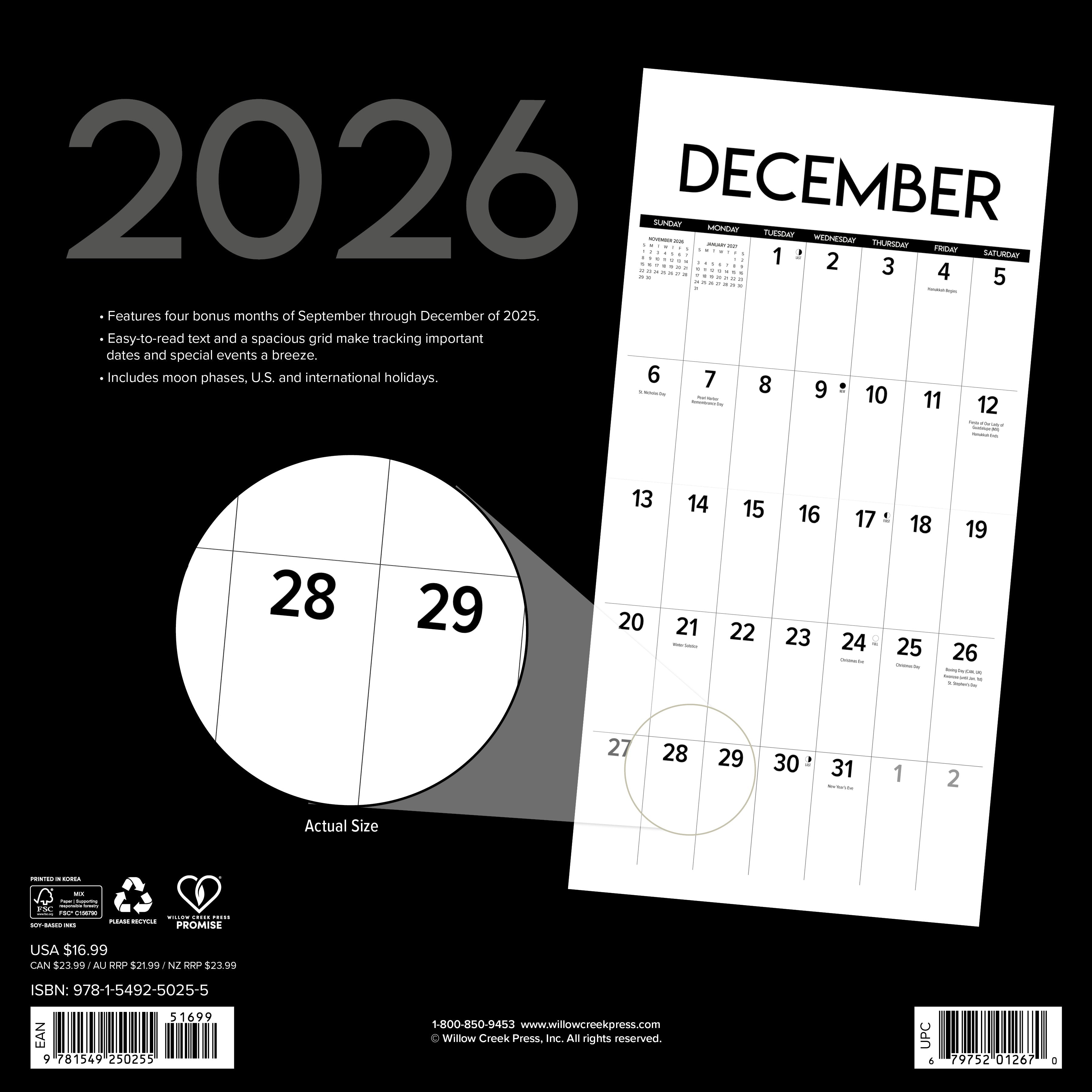 Black & White Professional Large Grid 2026 wall calendar, 12x12 inches