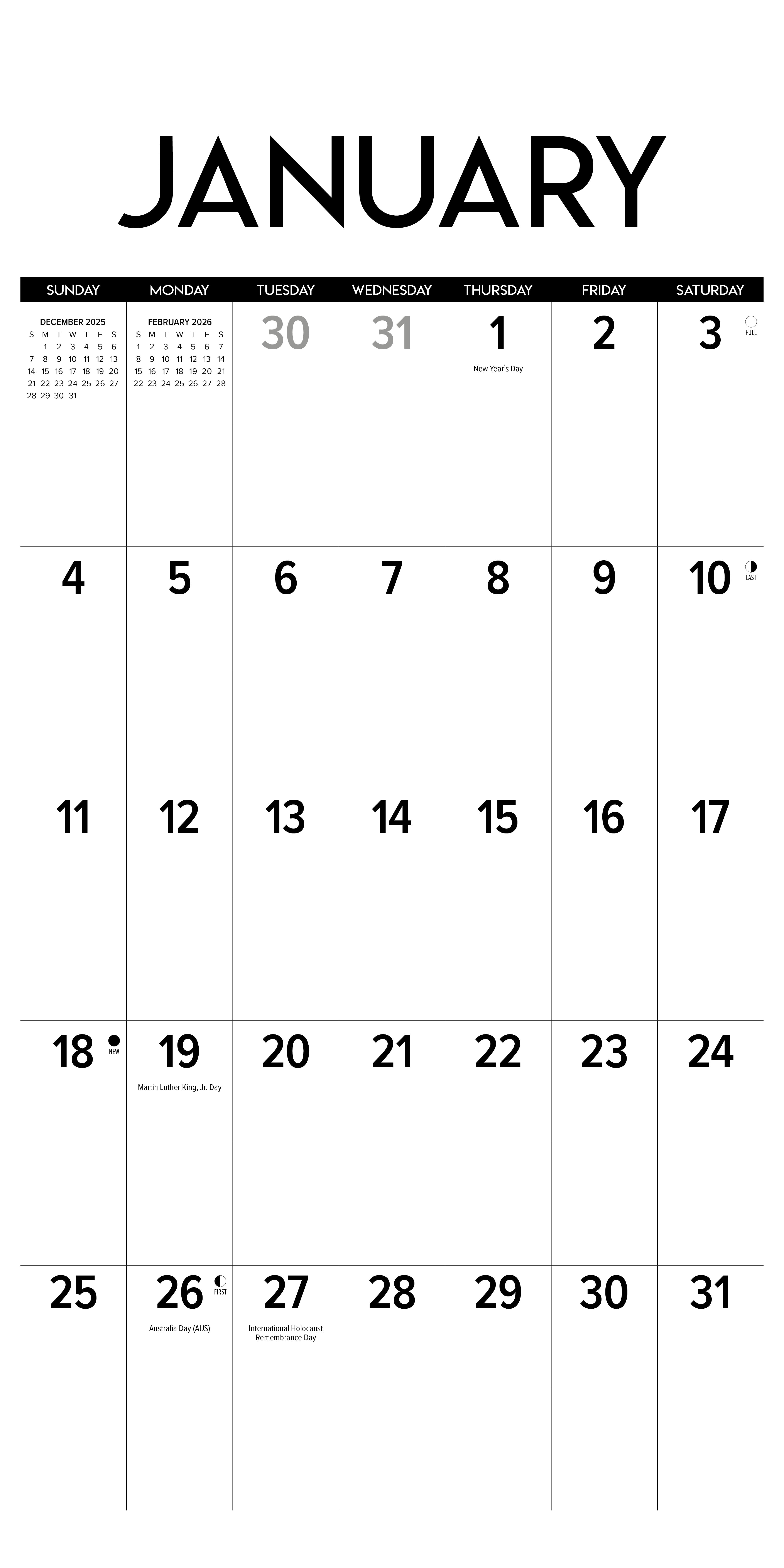 12-inch by 12-inch 2026 productivity calendar with monthly planning spreads