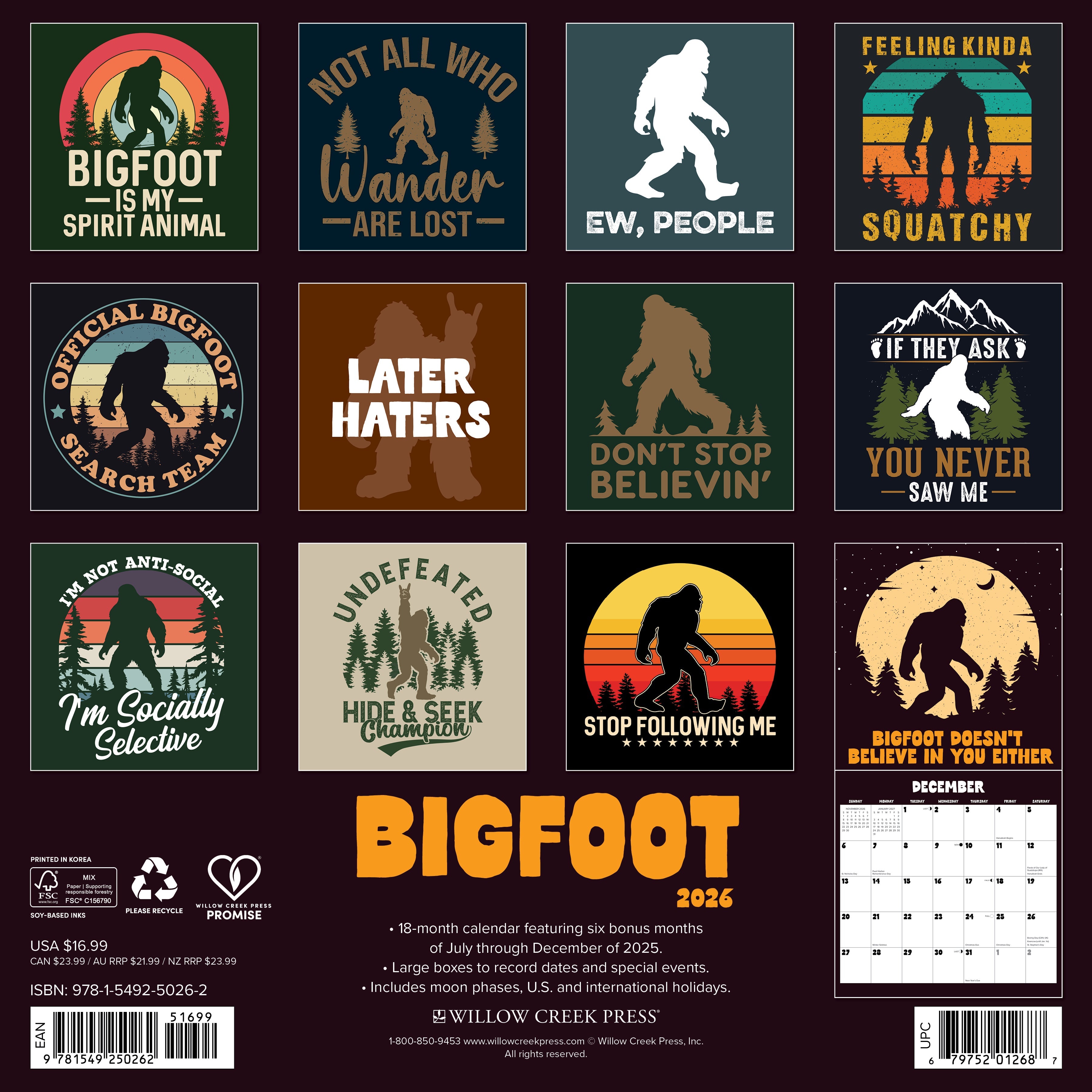 Bigfoot 2026 wall calendar showcasing quirky designs and humorous phrases about the legendary creature.
