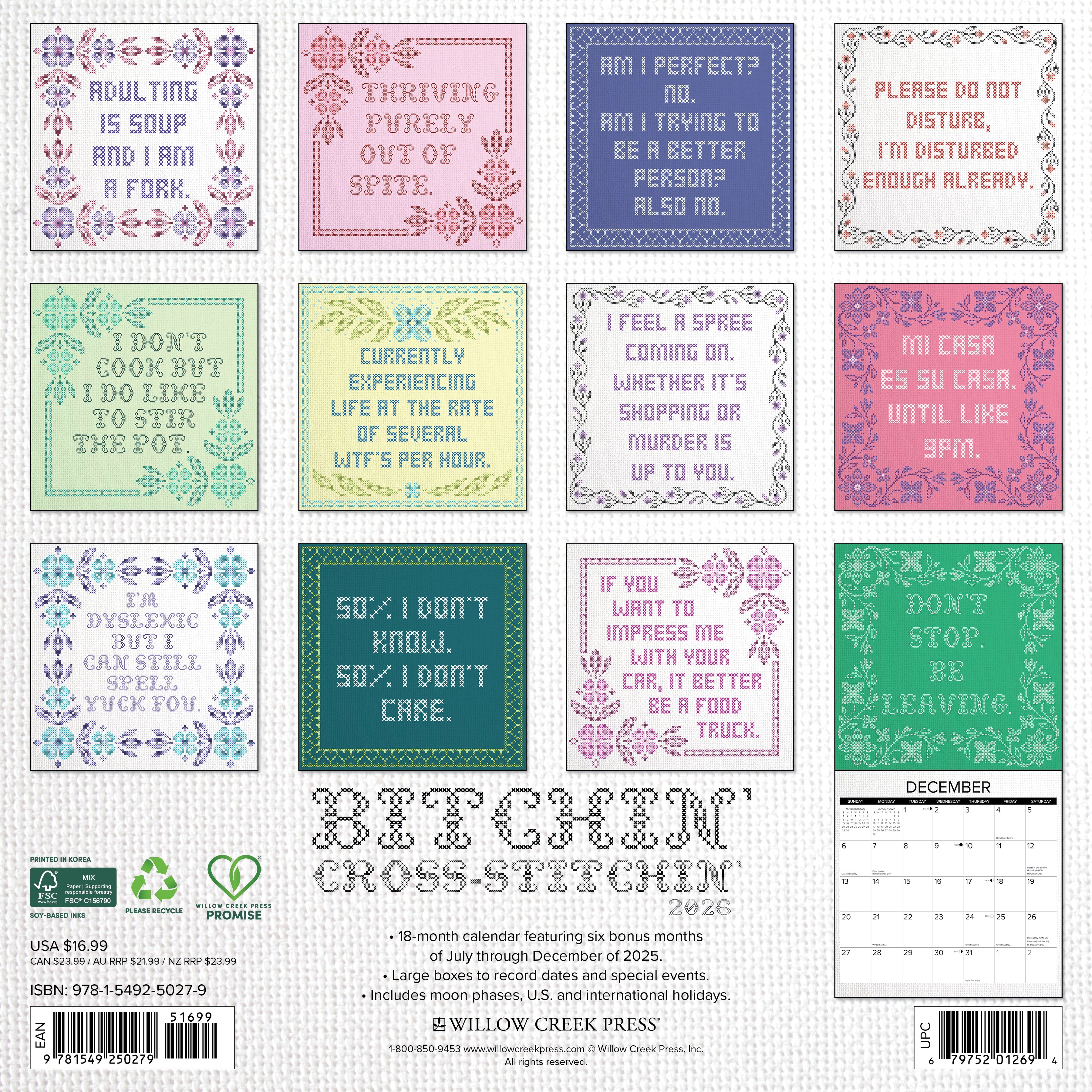 Bitchin' Cross-Stitchin' 12" x 12" 2026 Wall Calendar back cover with humorous cross-stitch designs.