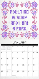 Bitchin' Cross-Stitchin' 2026 Wall Calendar January page with humorous text and floral design.
