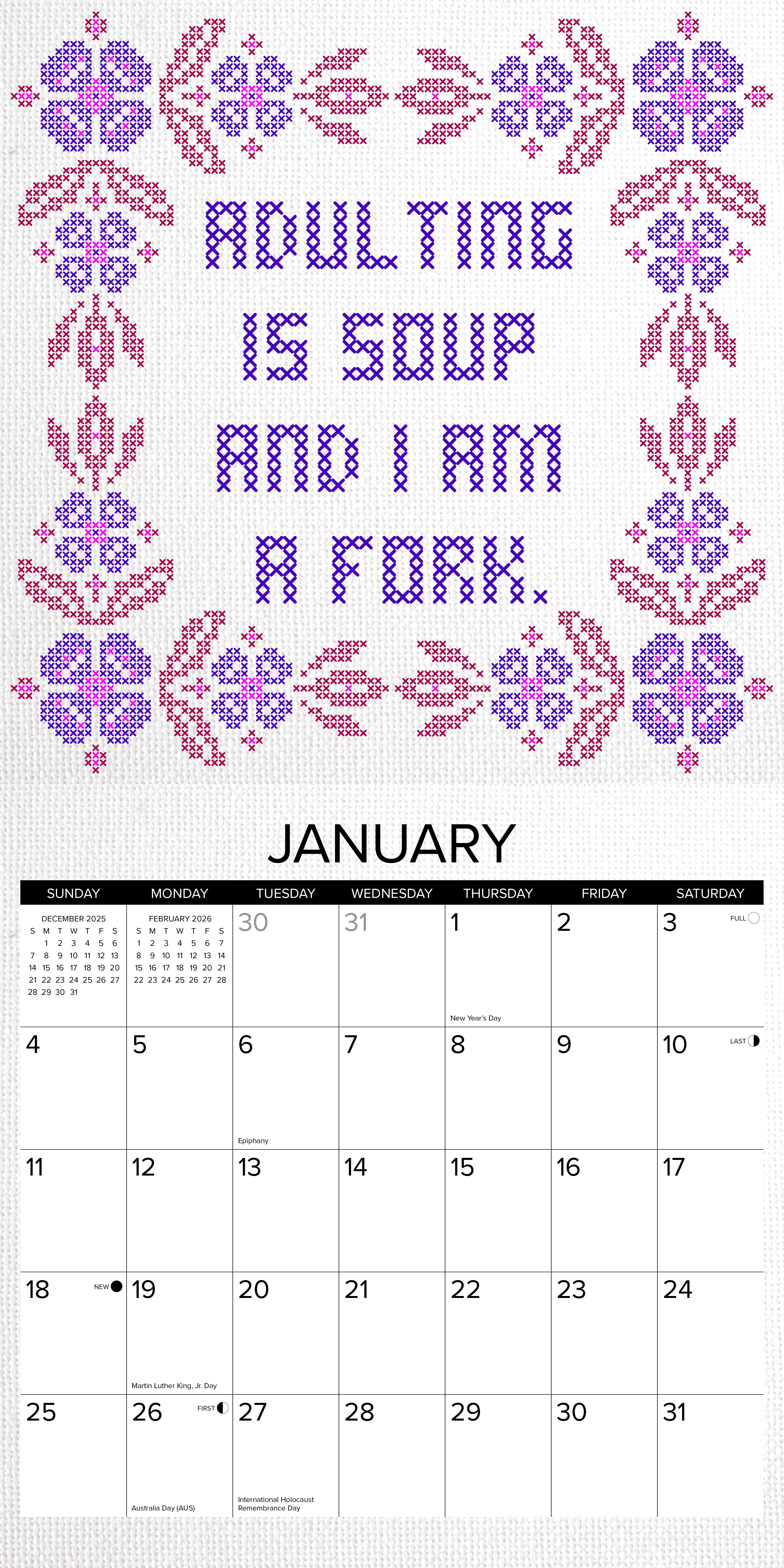Bitchin' Cross-Stitchin' 2026 Wall Calendar January page with humorous text and floral design.