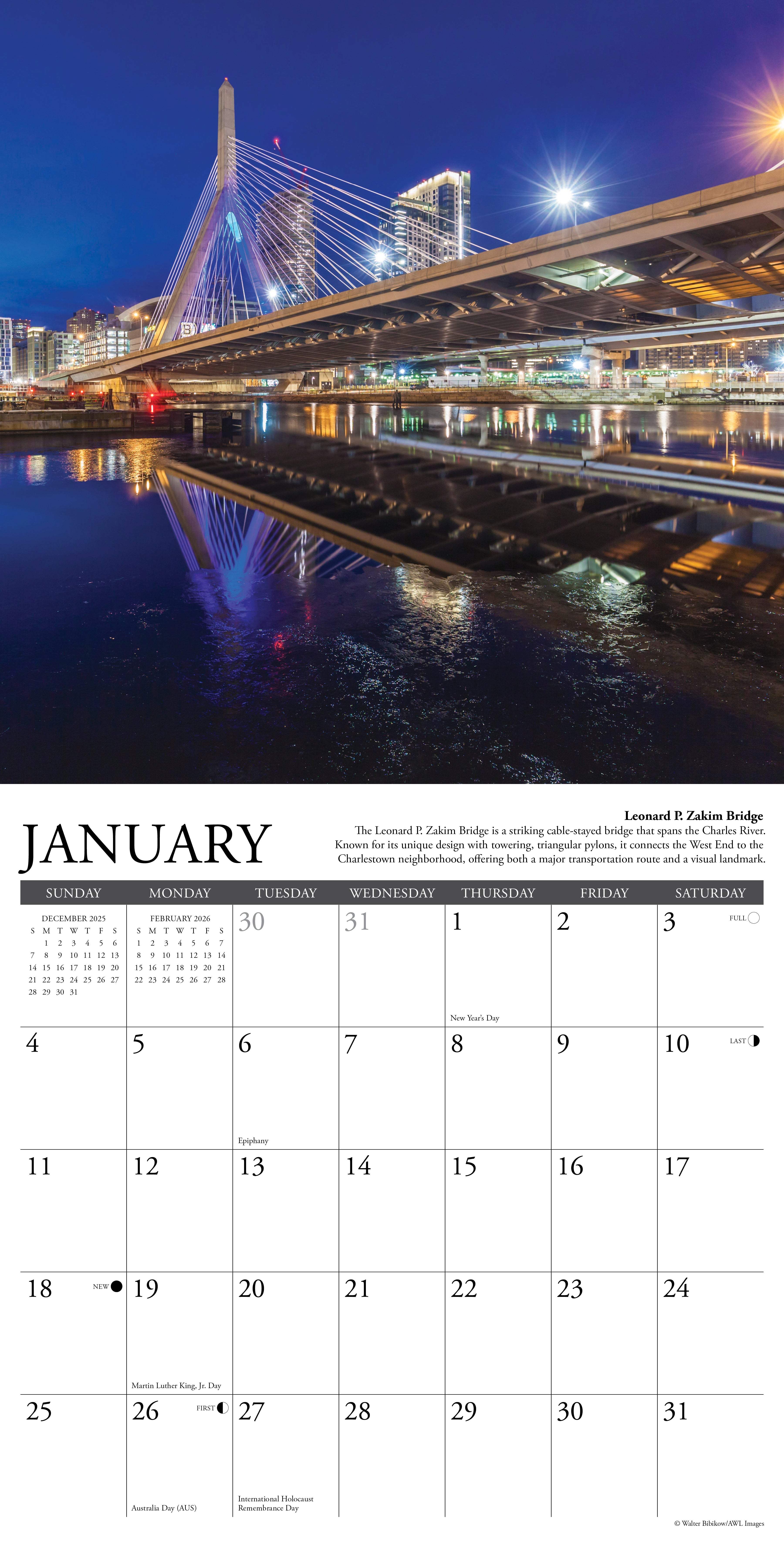 2026 Wall Calendar with large monthly date boxes, decorative images, and holidays, perfect for office or home organization and yearly planning