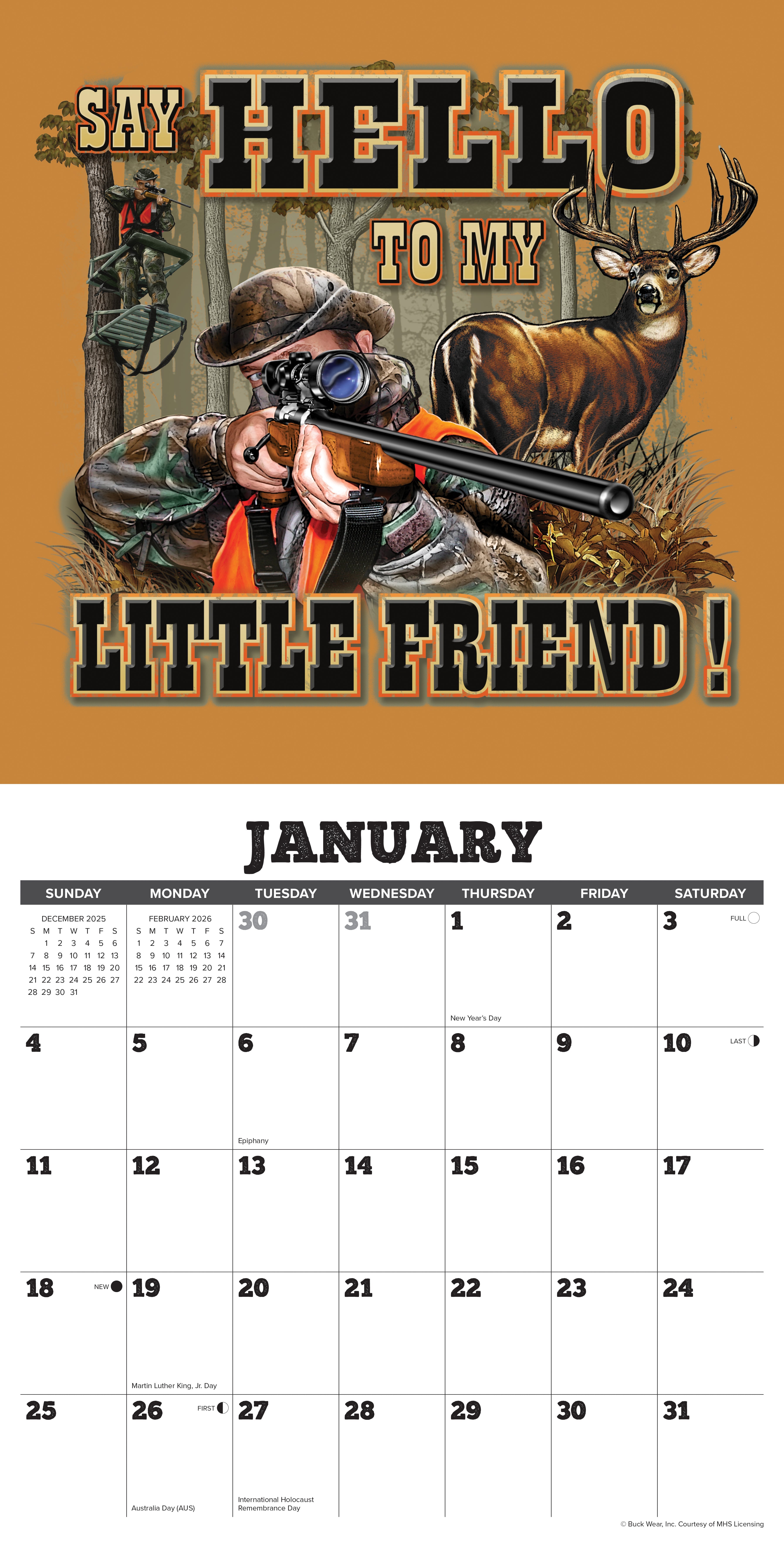 Buck Wear's Hunting & Fishing Tales 12" x 12" 2026 Wall Calendar with large grids for notes and appointments
