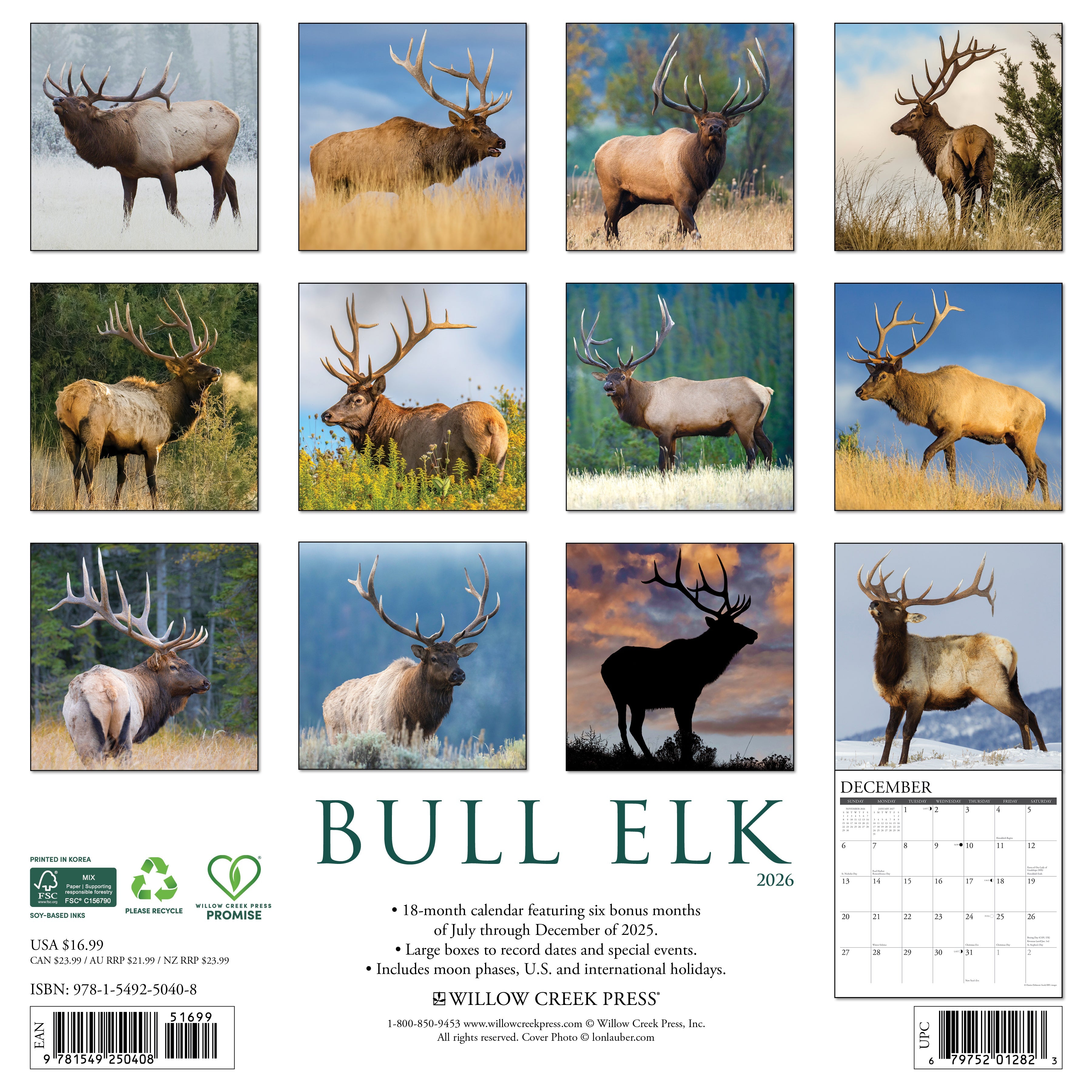 Wildlife-themed 2026 Wall Calendar – Bull Elk edition with scenic forest and elk images