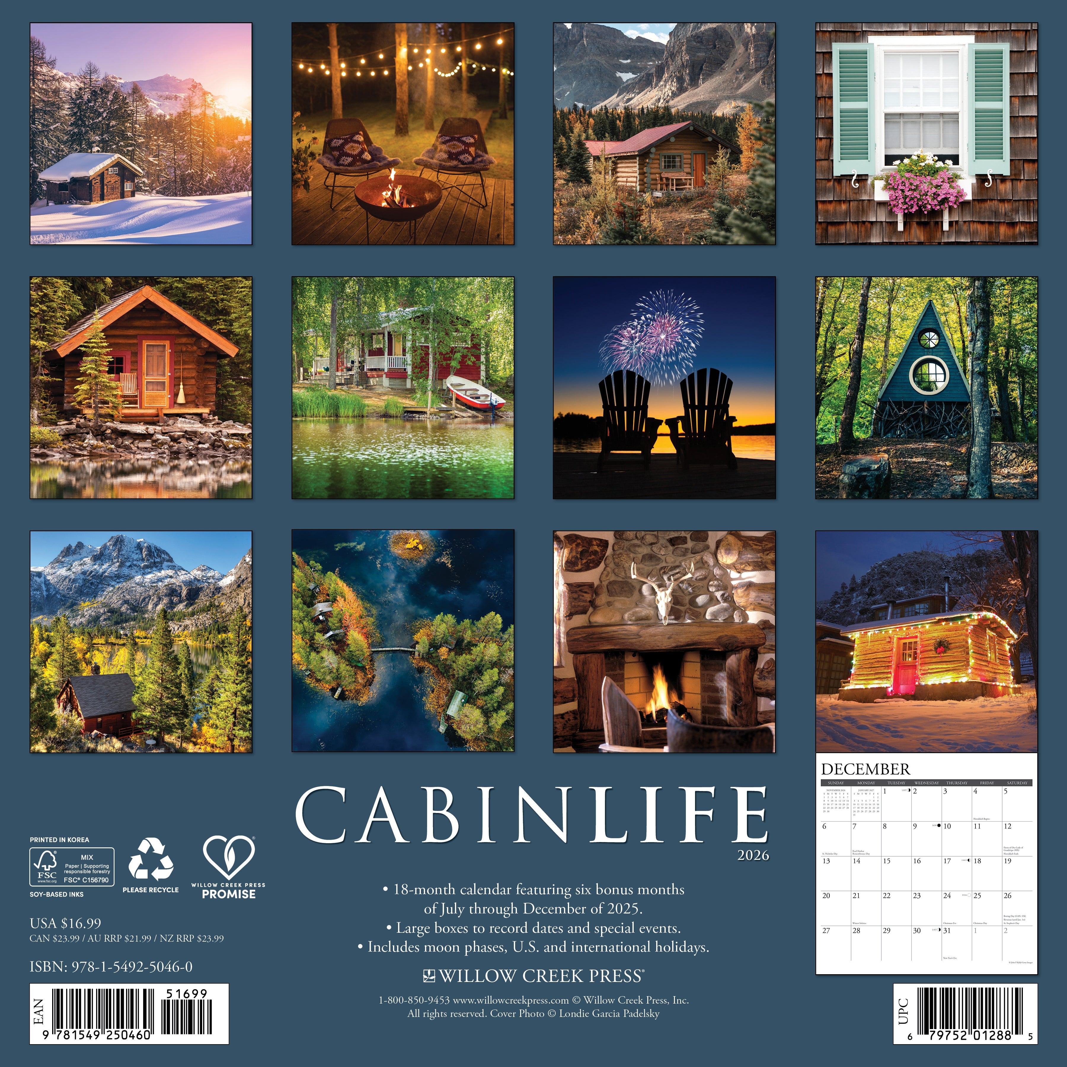 Nature-themed 2026 Wall Calendar – CabinLife edition with scenic cabins and forest views