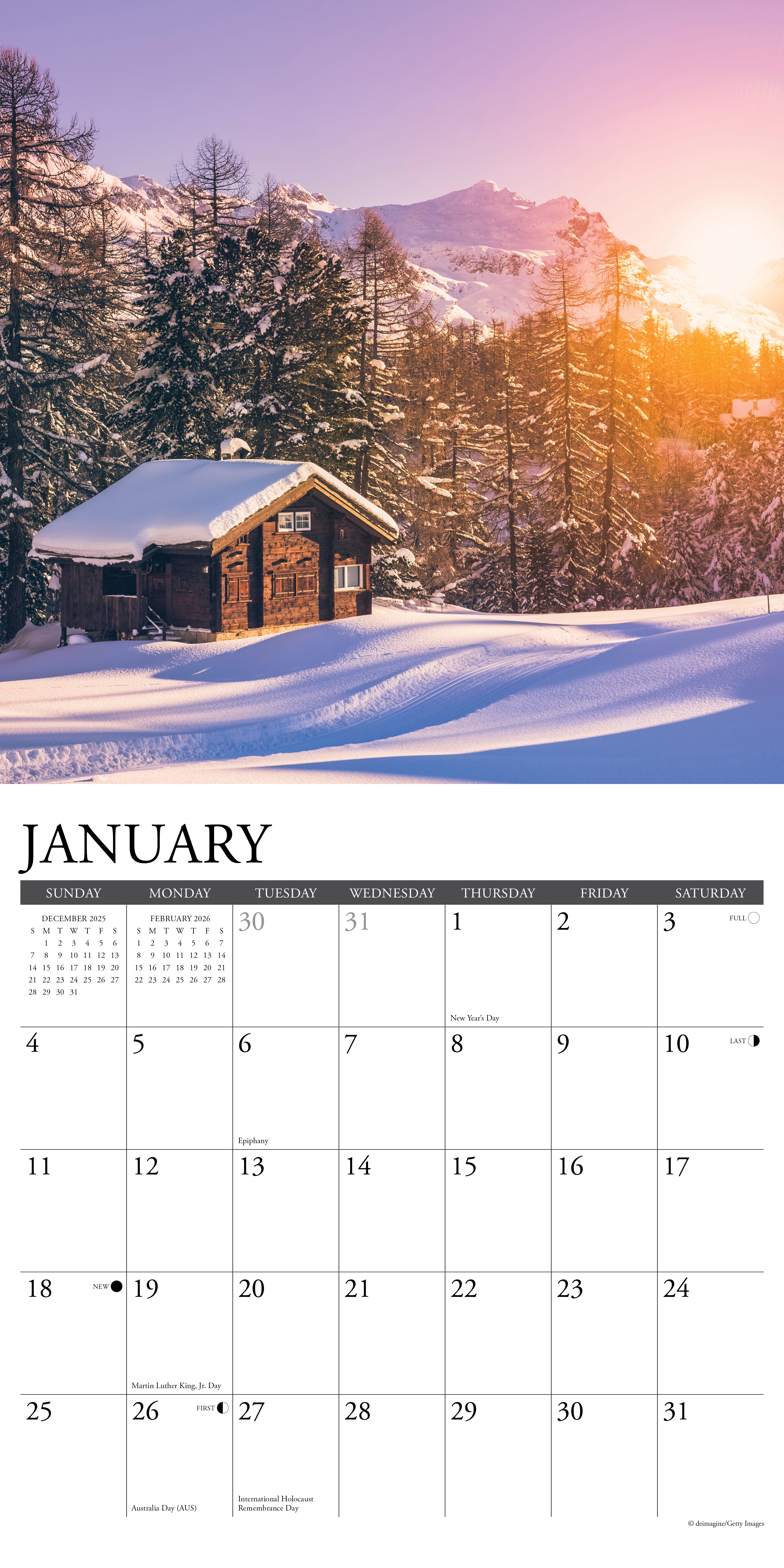 2026 Wall Calendar with large monthly date boxes, decorative images, and holidays, perfect for office or home organization and yearly planning