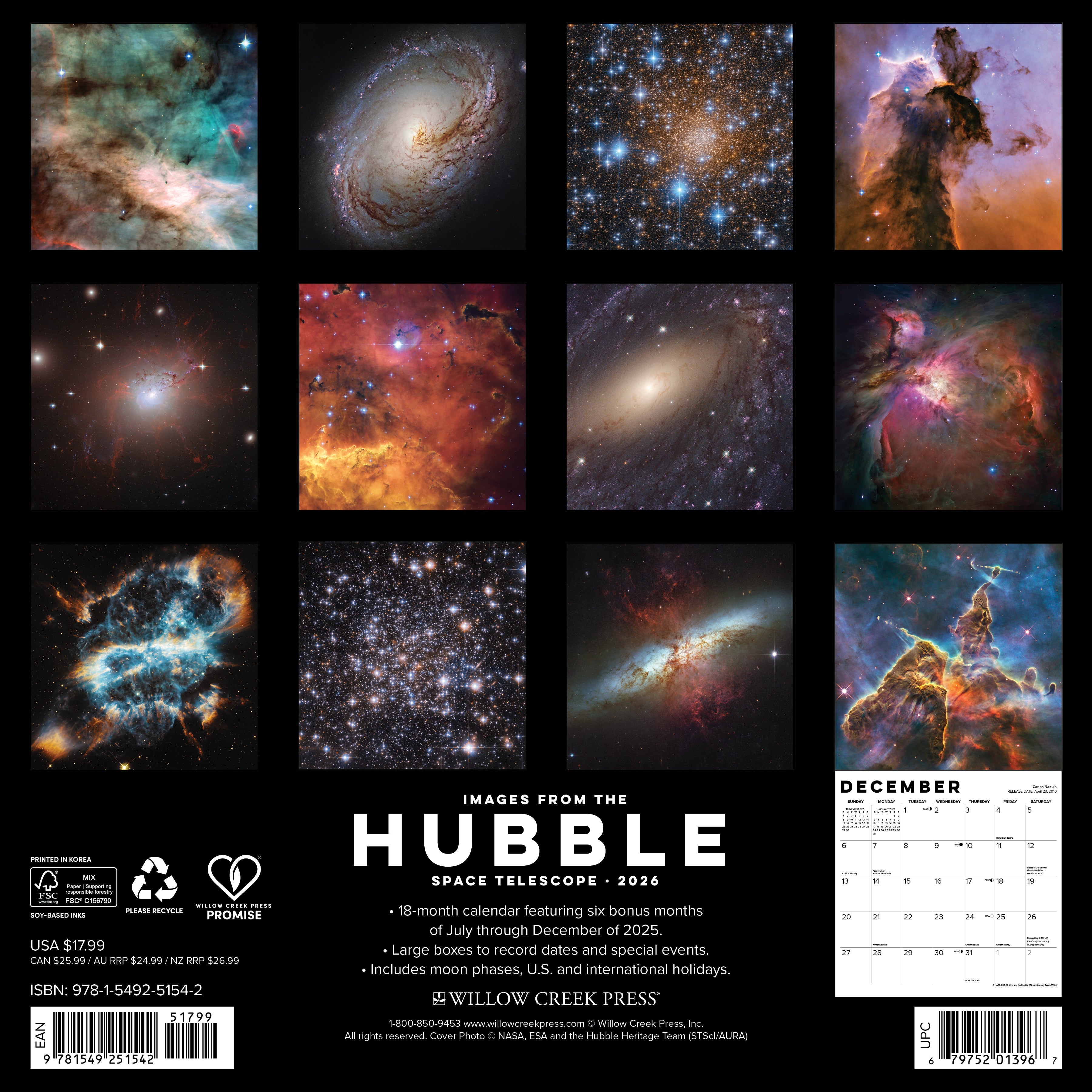Astronomy-themed 2026 Wall Calendar – Images from the Hubble Space Telescope with galaxies and nebulae