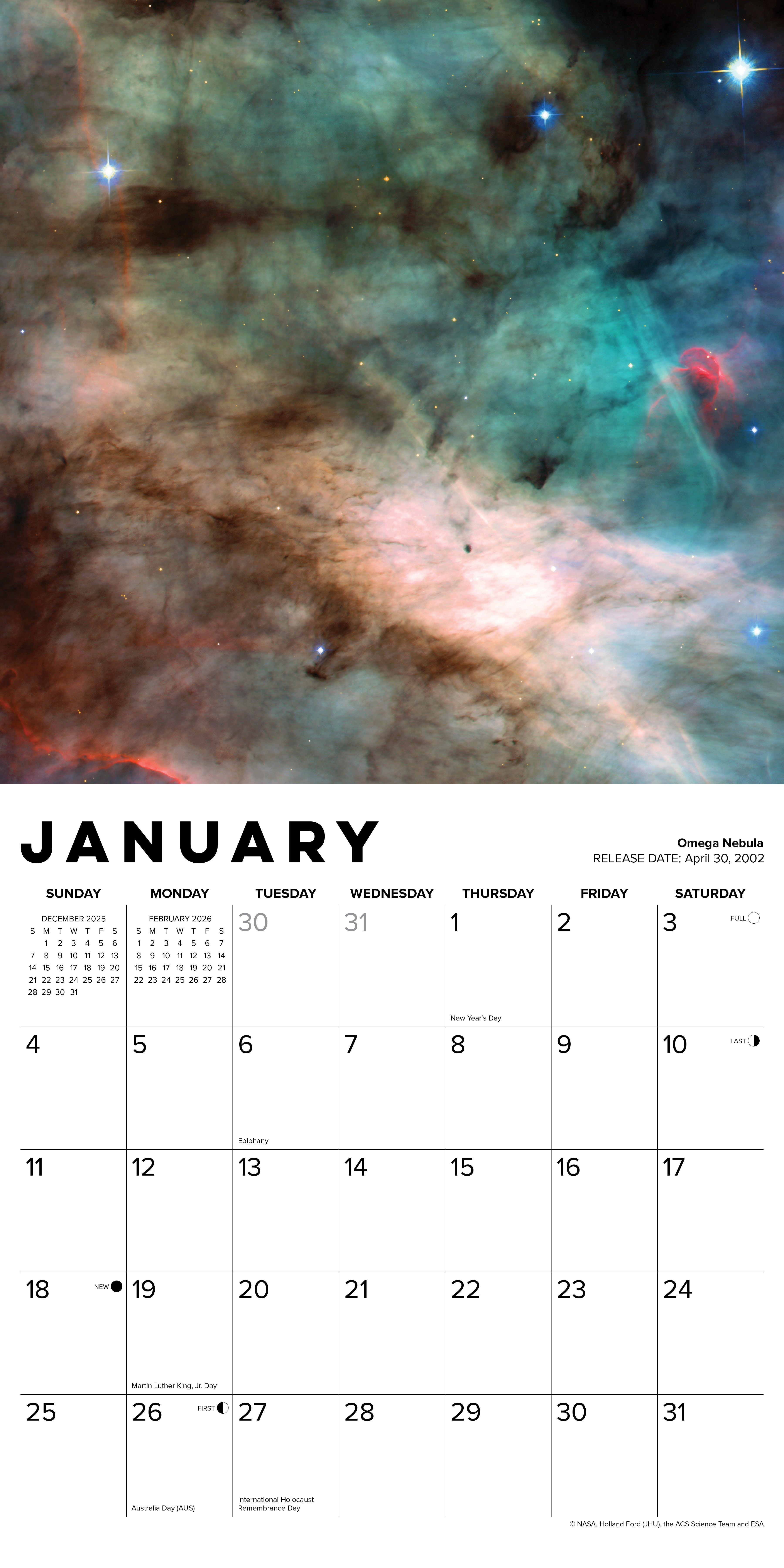 Images from the Hubble Space Telescope 12" x 12" 2026 Wall Calendar with large grids for notes and appointments