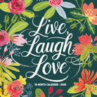 A 12" x 12" wall calendar for 2026 with a floral design and the text 'Live, Laugh, Love' prominently displayed. The calendar features a mix of vibrant flowers in various colors on a dark background.